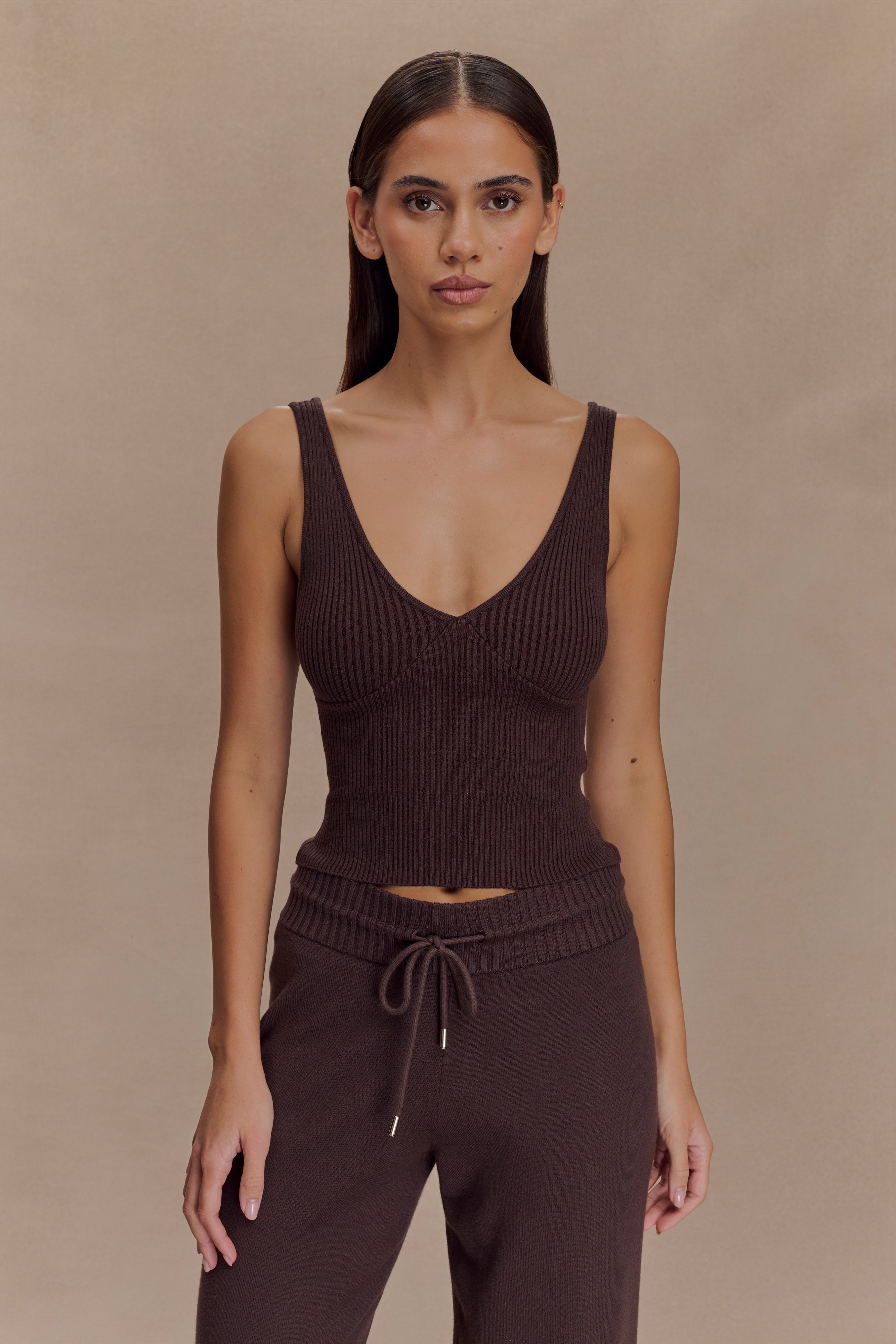 Natalya Ribbed Knit Cami Top - Dark Chocolate、mySite、solidvoid