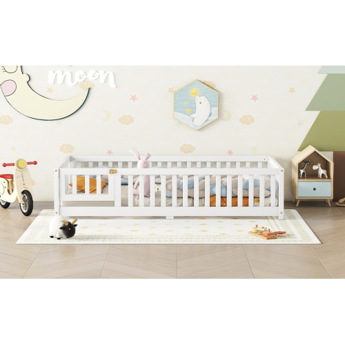 Twin Size Bed Floor Bed with Safety Guardrails and Door for Kids, Natural(Old SKU: W158090686)、、casual