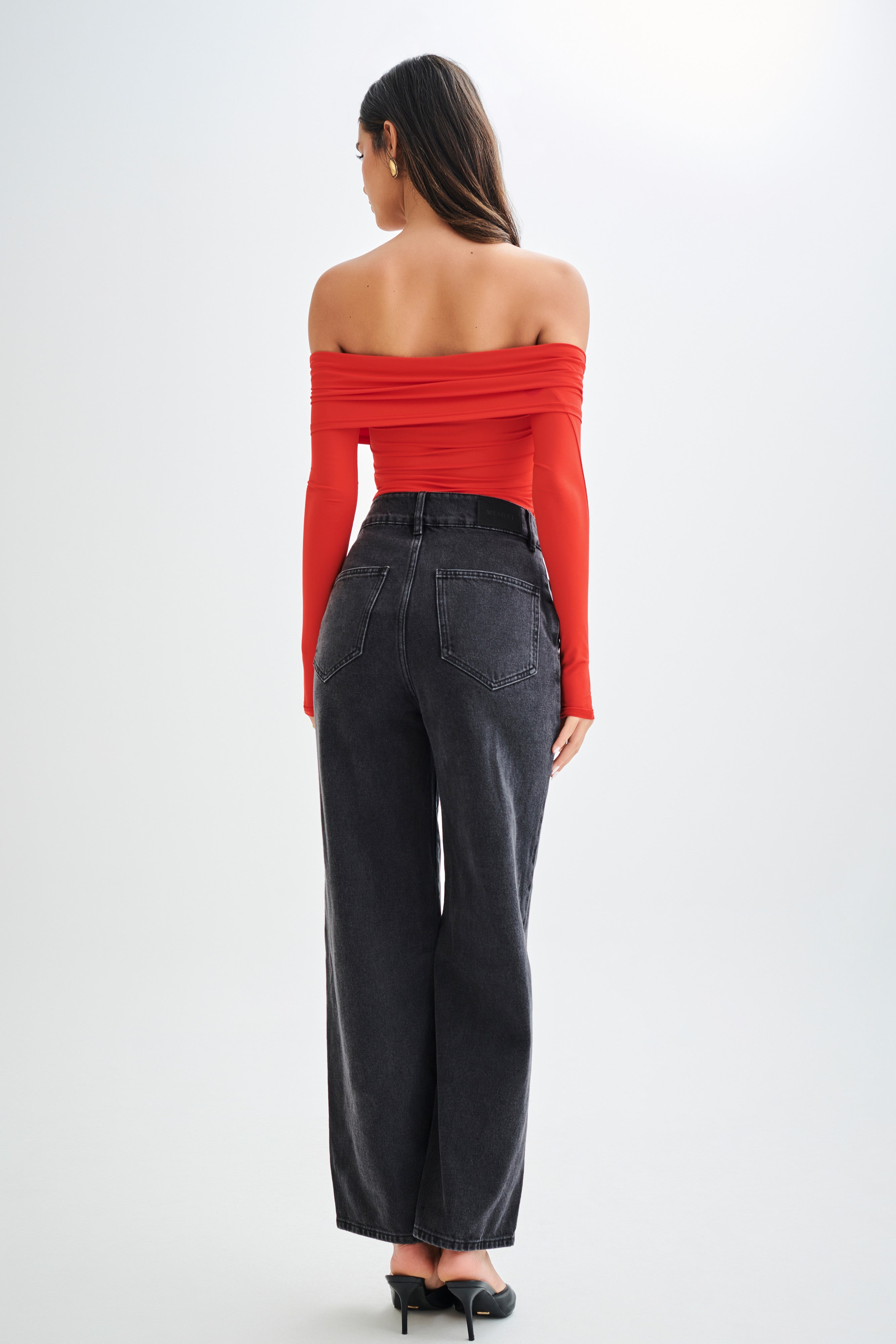 Prue Ruched Off Shoulder Long Sleeve Top - Pomegranate、mySite、solidvoid