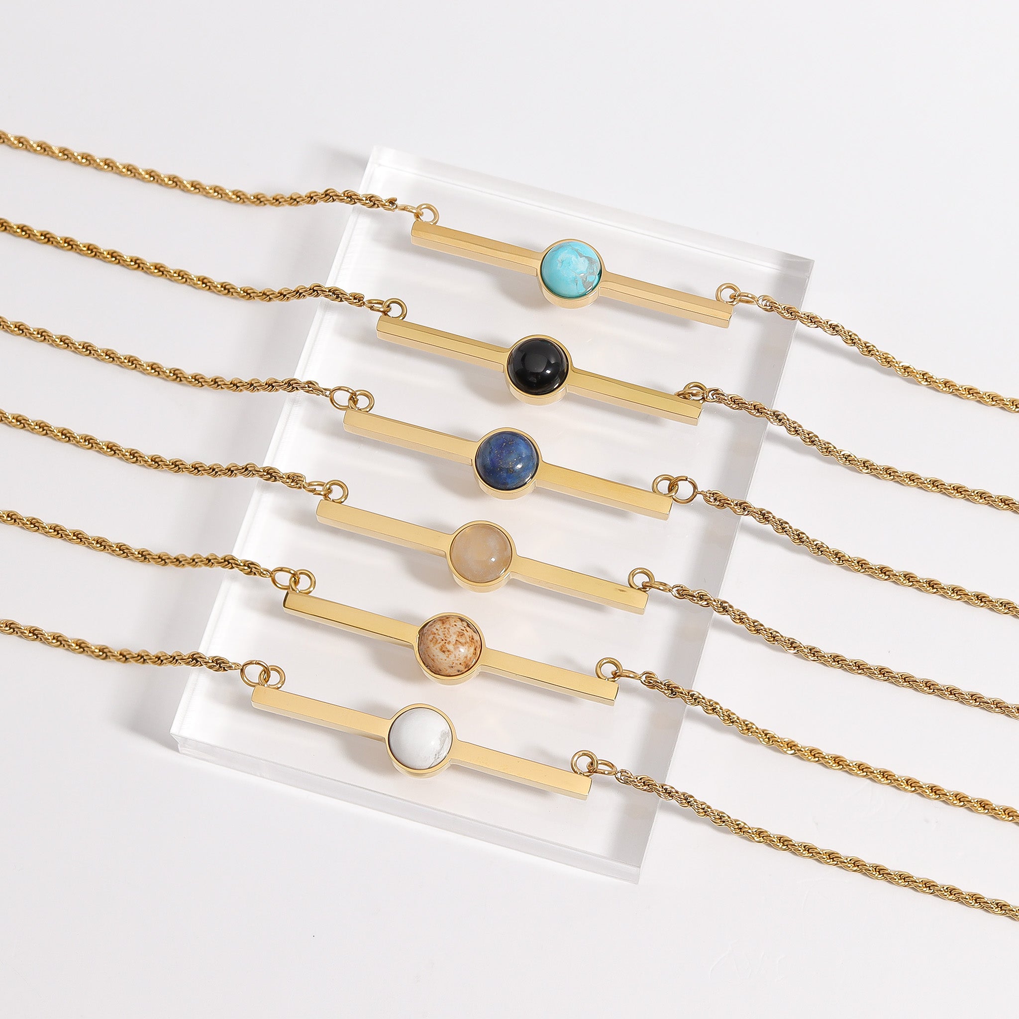 18K Gold PVD Stainless Steel Semi Precious Natural Stone Bar Necklace / CHN9965、mySite、dreamappss