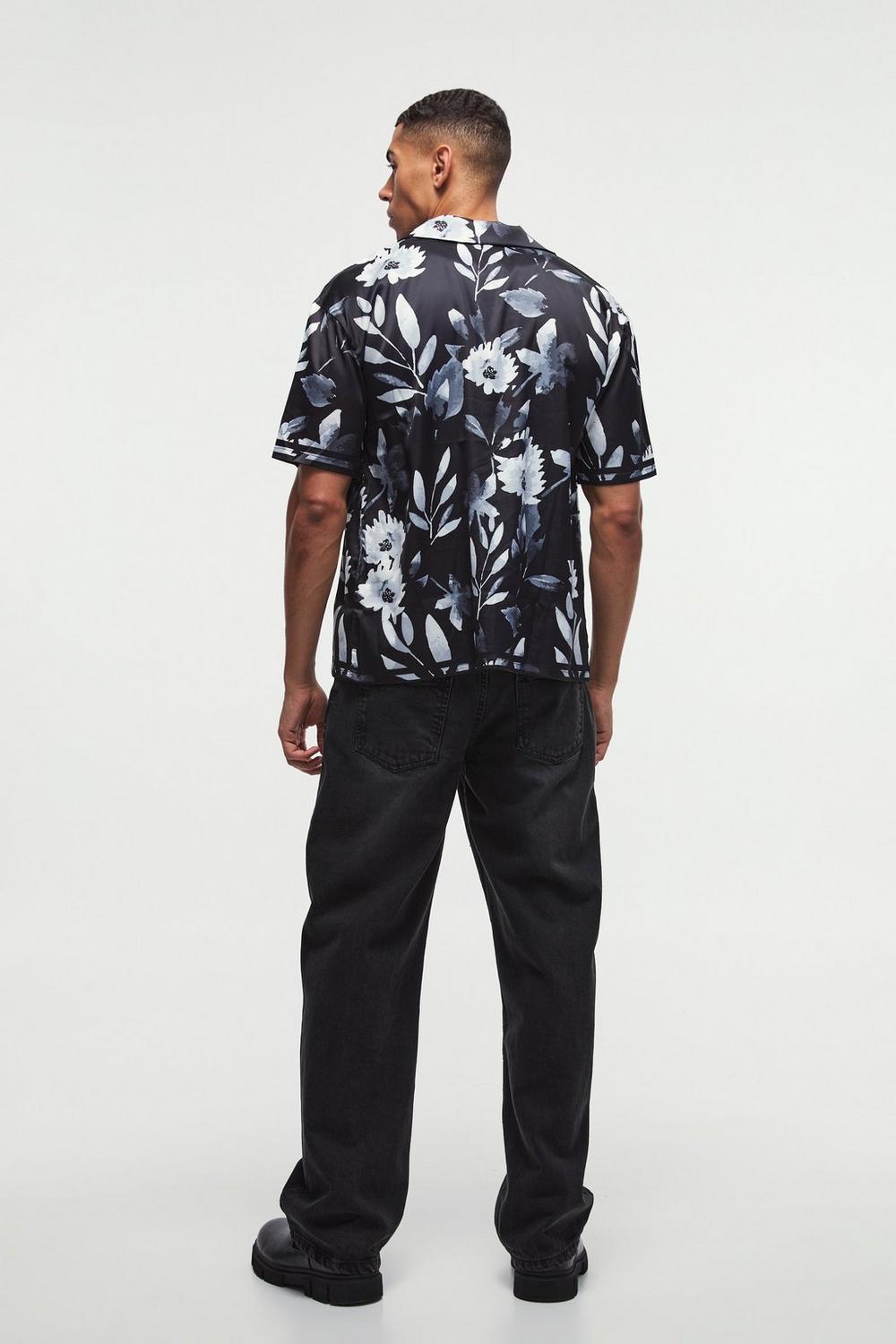  Boohooman Oversized Flower Printed Satin Short Sleeve Shirt Black、mySite、justintrudeaud