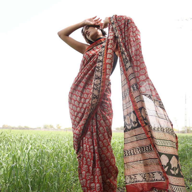 Festive Wear | Chanderi | Bagru Printed Saree | Red、mySite、camillekostekn