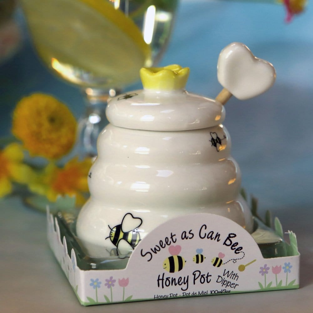 Sweet as Can Bee Ceramic Honey Pot with Wooden Dipper、mySite、topwebapps