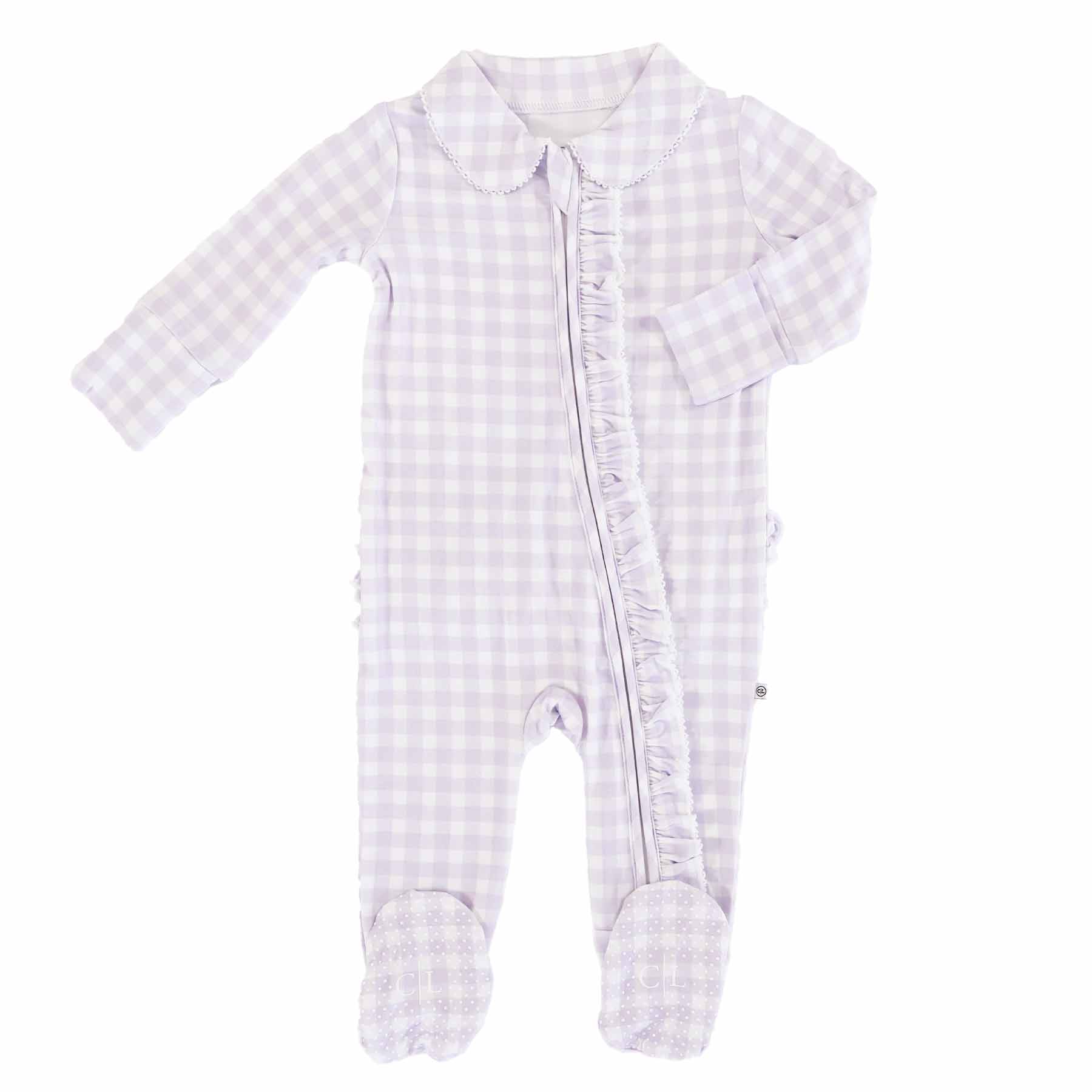  Peter Pan Collar Ruffle Zipper Footie | Lilac Gingham、mySite、layawaytickets