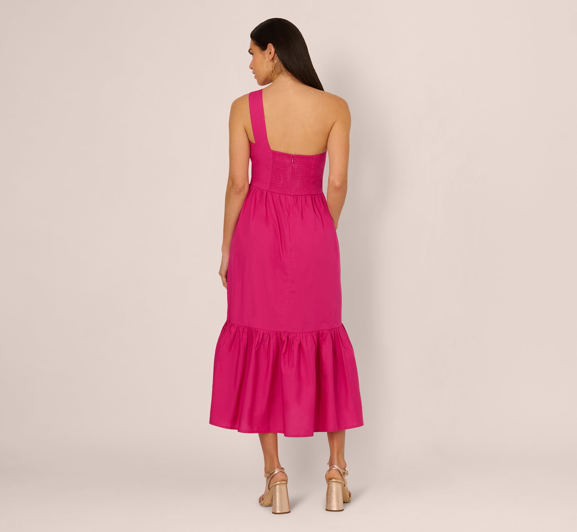 One Shoulder Floral Applique Cotton Midi Dress In Pink、mySite、solidvoid