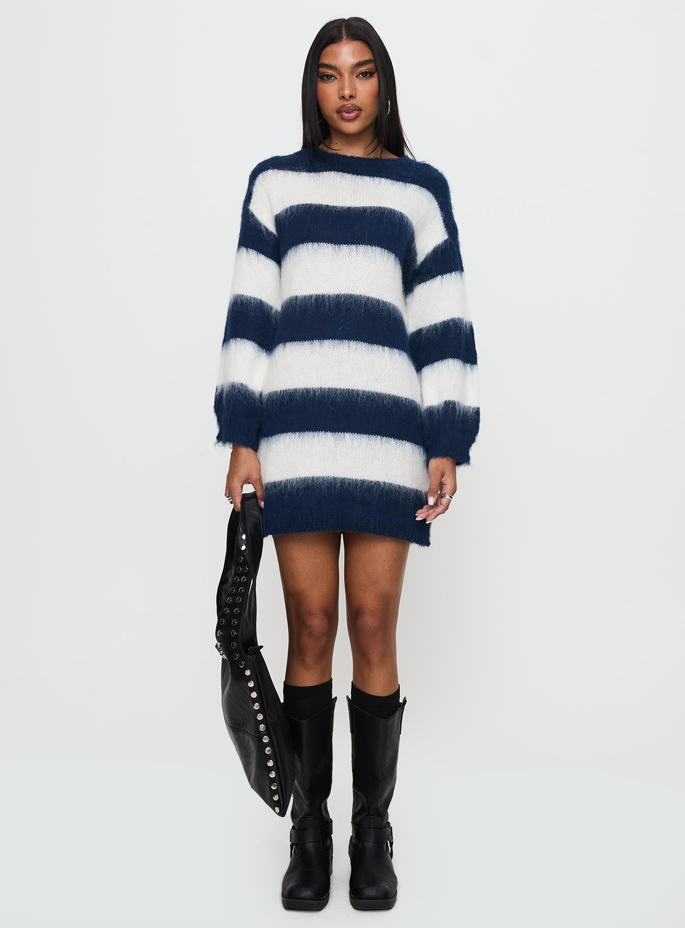 Iryna Long Sleeve Knit Mini Dress Navy / White Stripe、mySite、solidvoid