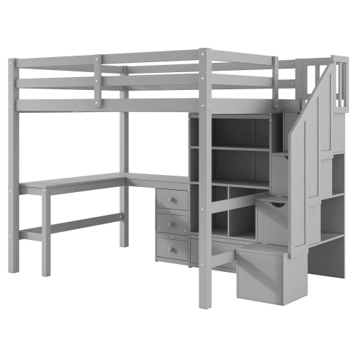 Twin Size Loft Bed with L-Shaped Desk and Drawers, Cabinet and Storage Staircase, White、、casual