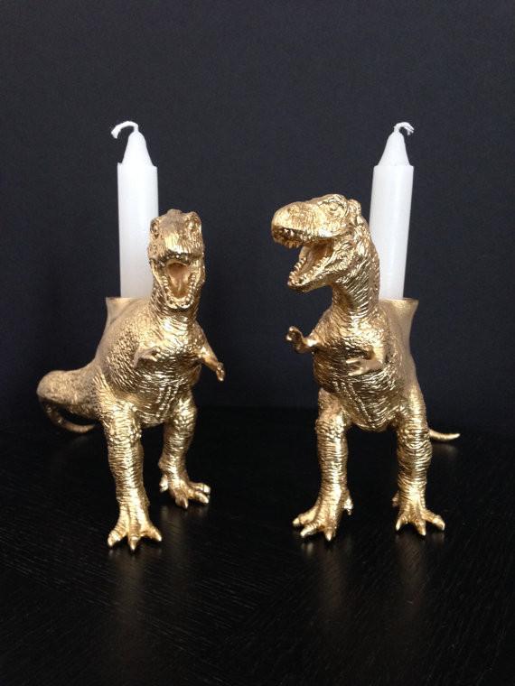 Dinosaur Shabbat Candlesticks in Gold - POS、mySite、topwebapps
