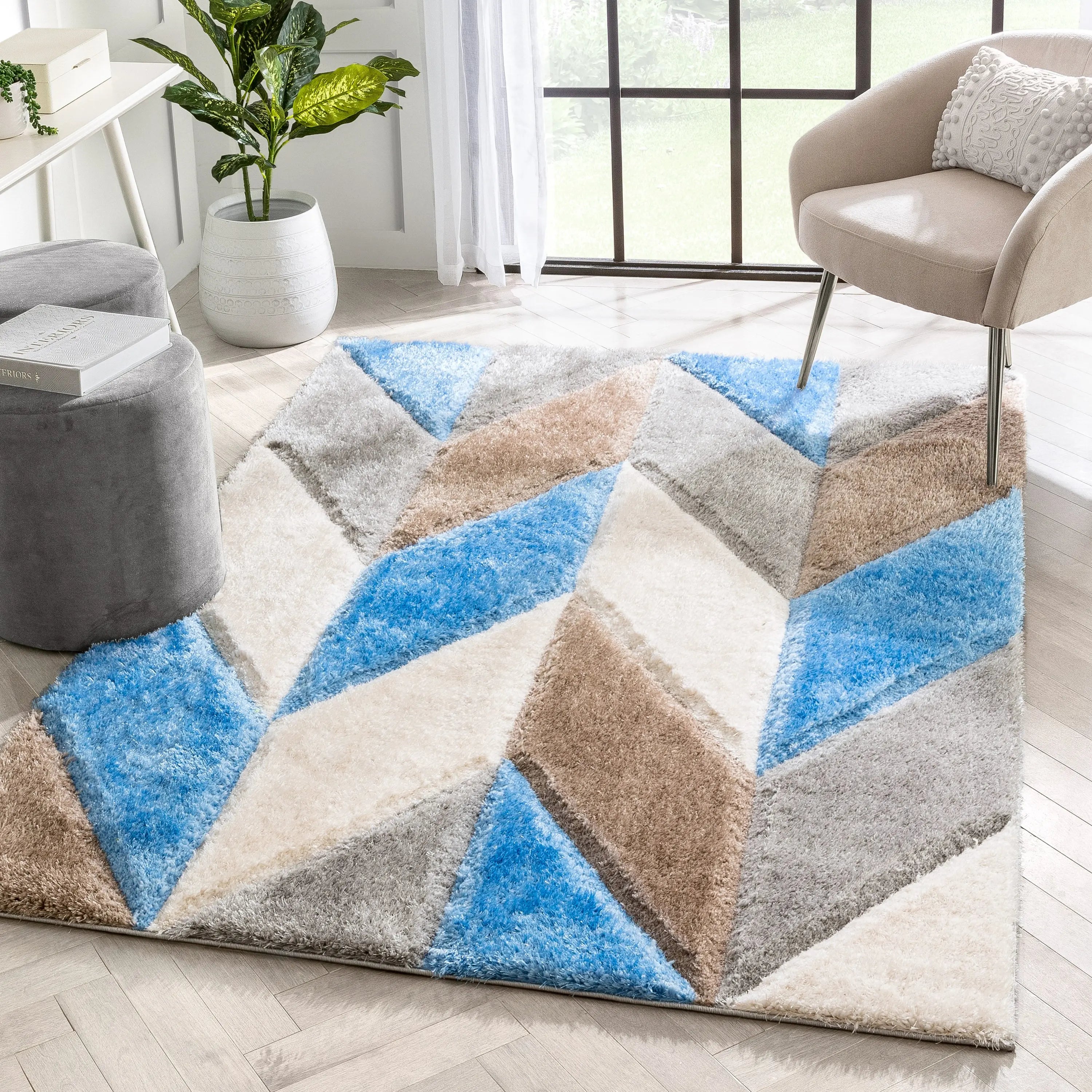 Mika Retro Chevron 3D Textured Shag Grey Light Blue Rug、mySite、gigharbornorthrealestate