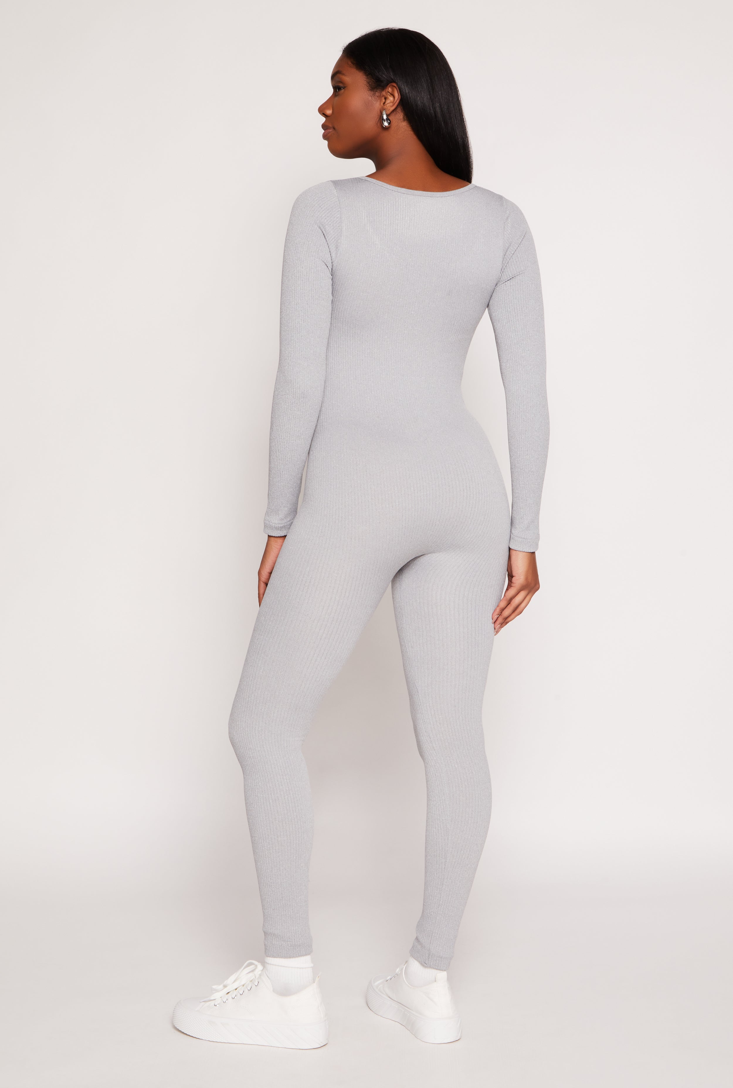 Ribbed Knit Notch Neck Long Sleeve Catsuit、mySite、camillekostekn