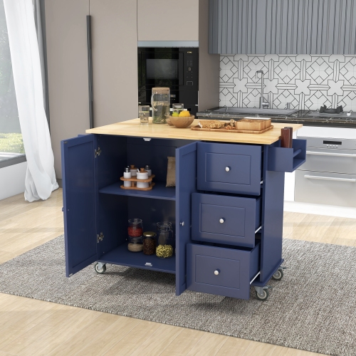 Rolling Mobile Kitchen Island with Solid Wood Top and Locking Wheels,52.7 Inch Width,Storage Cabinet and Drop Leaf Breakfast Bar,Spice Rack, Towel Rack & Drawer (Black)、、casual