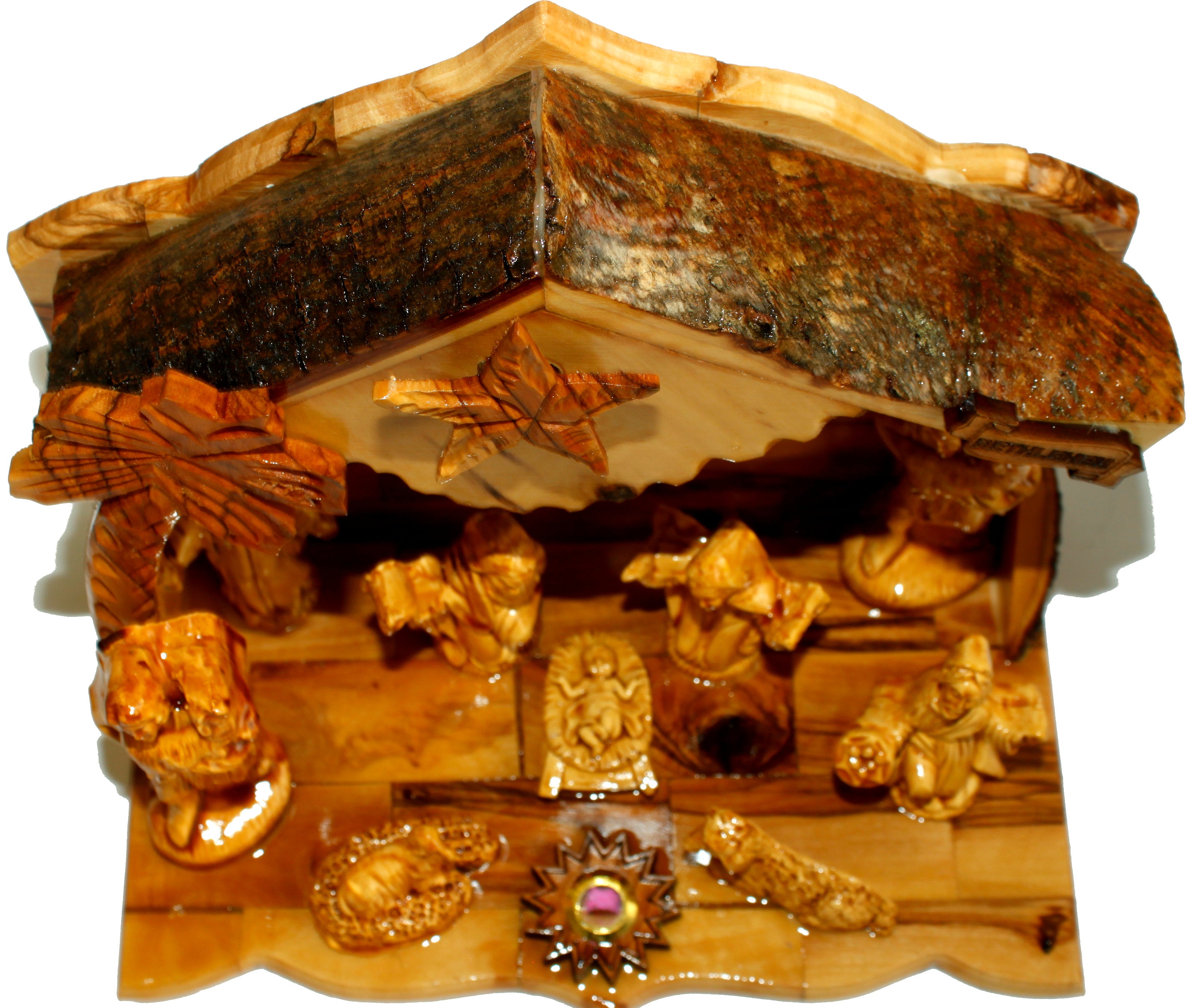 Holy Land Market Musical Olive Wood Nativity Set with Rustic Stable (Bark Roof) - Glued Alabaster Pieces、mySite、topwebapps