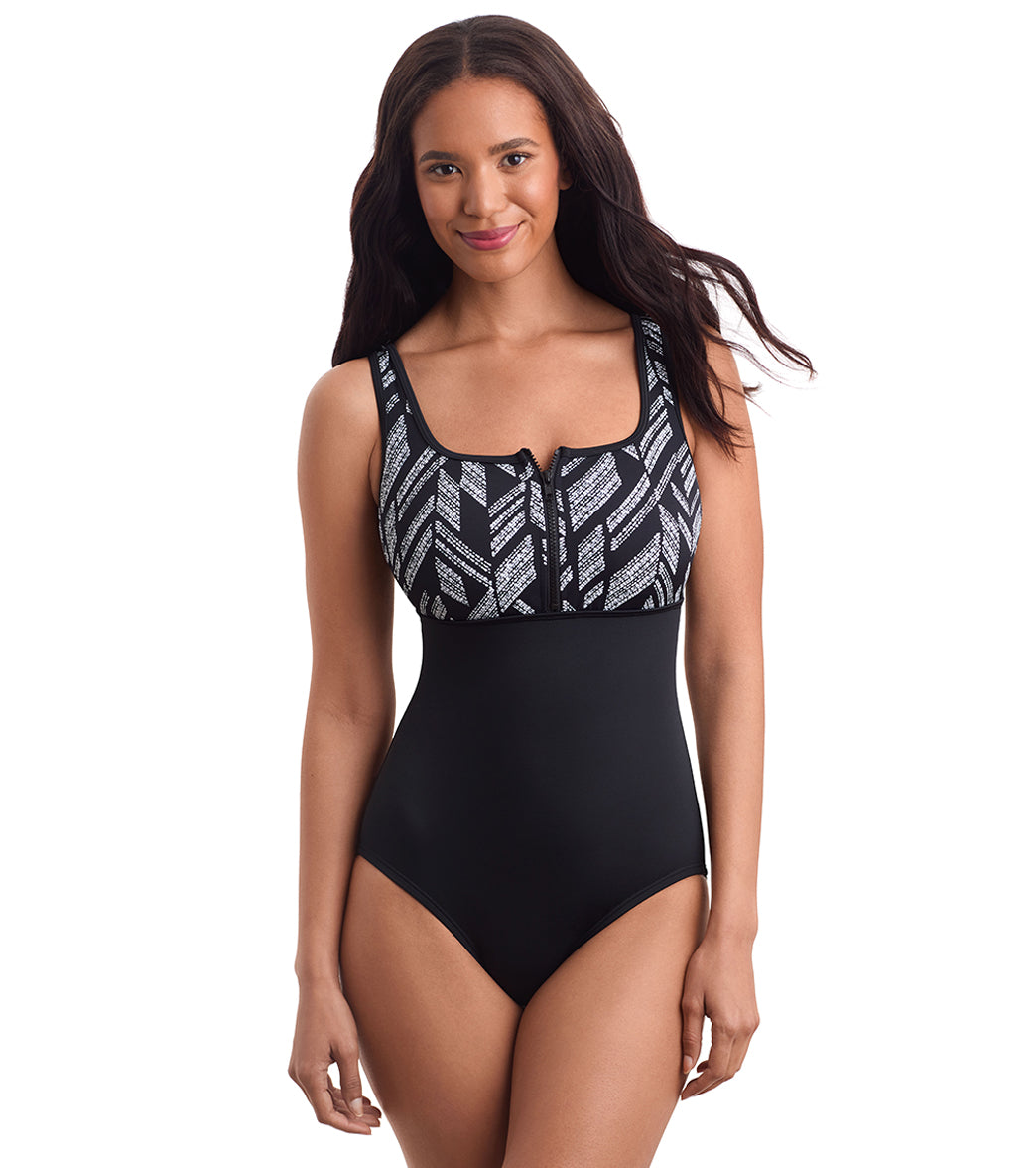 Shape Solver SPORT Women's Herringbone Scoopneck Zipper Tank One Piece Swimsuit、mySite、noshort