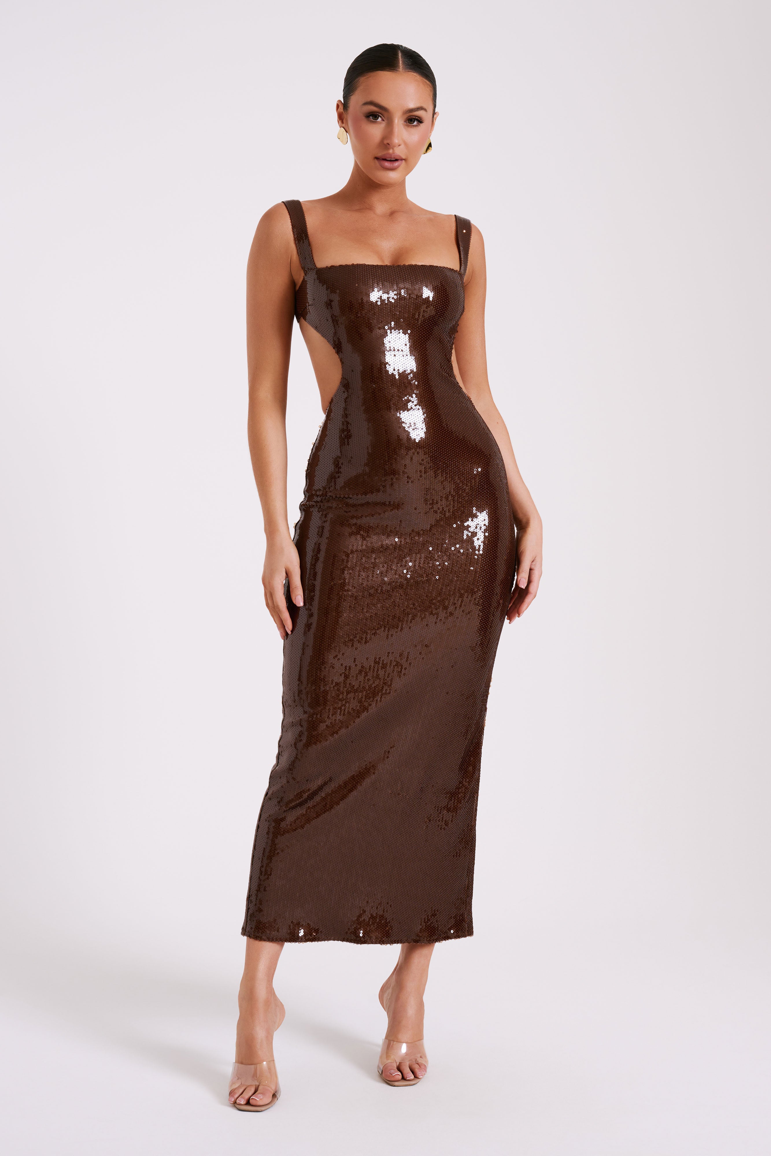 Adoria Sequin Cut Out Maxi Dress - Chocolate、mySite、solidvoid
