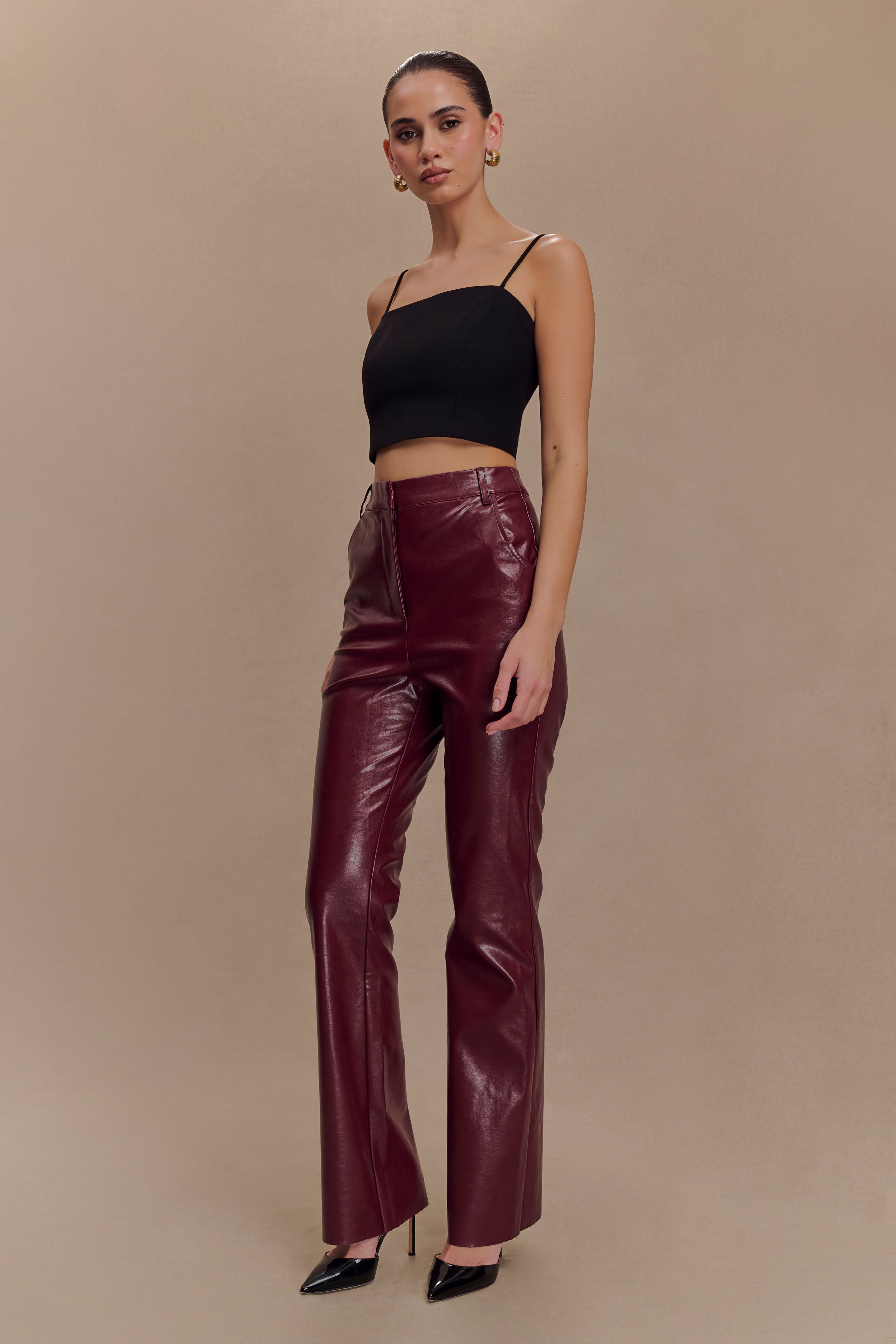 Tyra Straight Leg Faux Leather Pants - Cherry Red、mySite、solidvoid