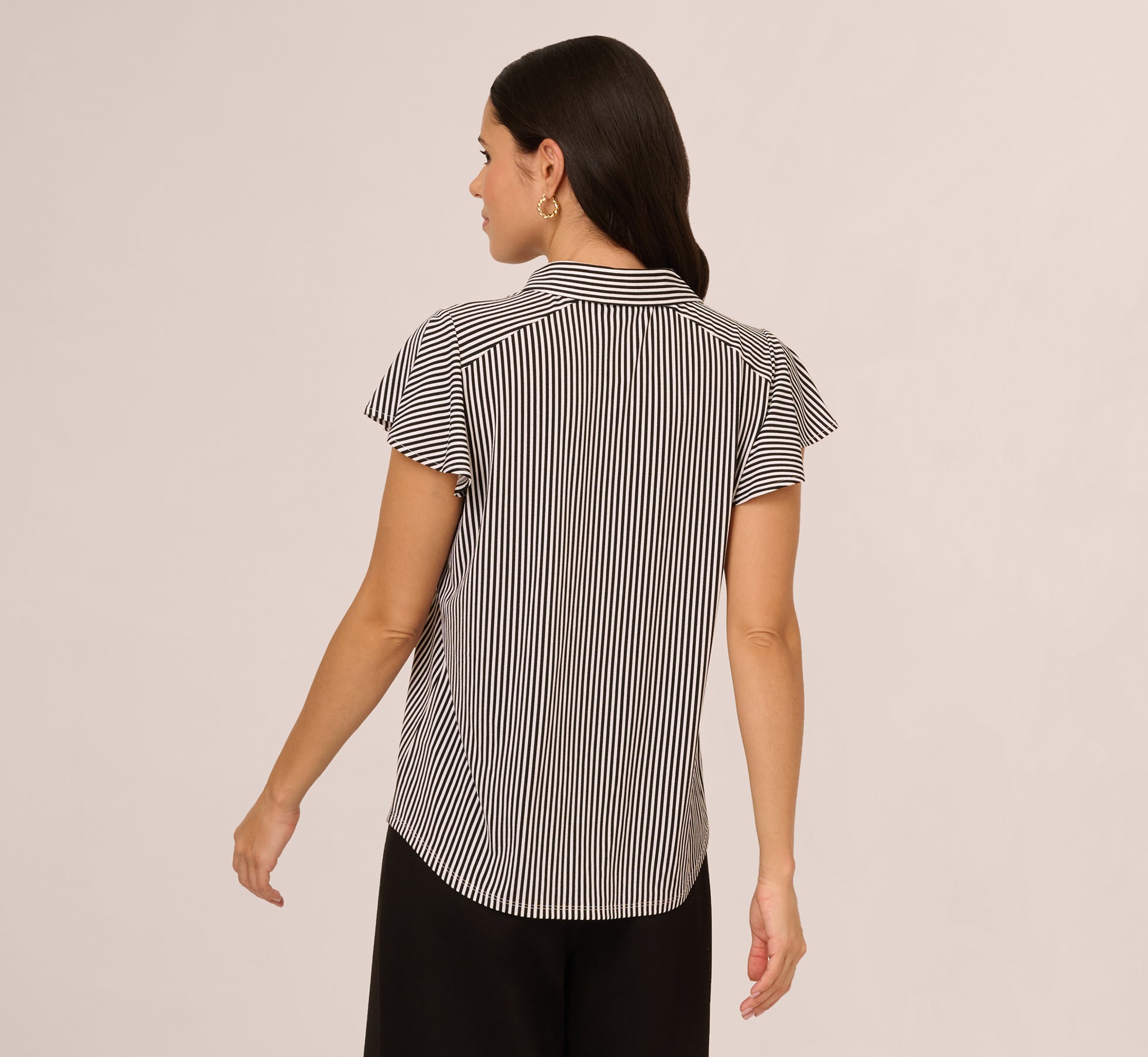 Flutter Sleeve Button Front Printed Top In Black Ivory Small Stripe、mySite、solidvoid