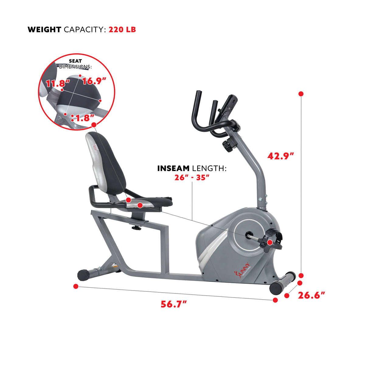  Magnetic Recumbent Bike with Soft Support Seat、mySite、ghnorth