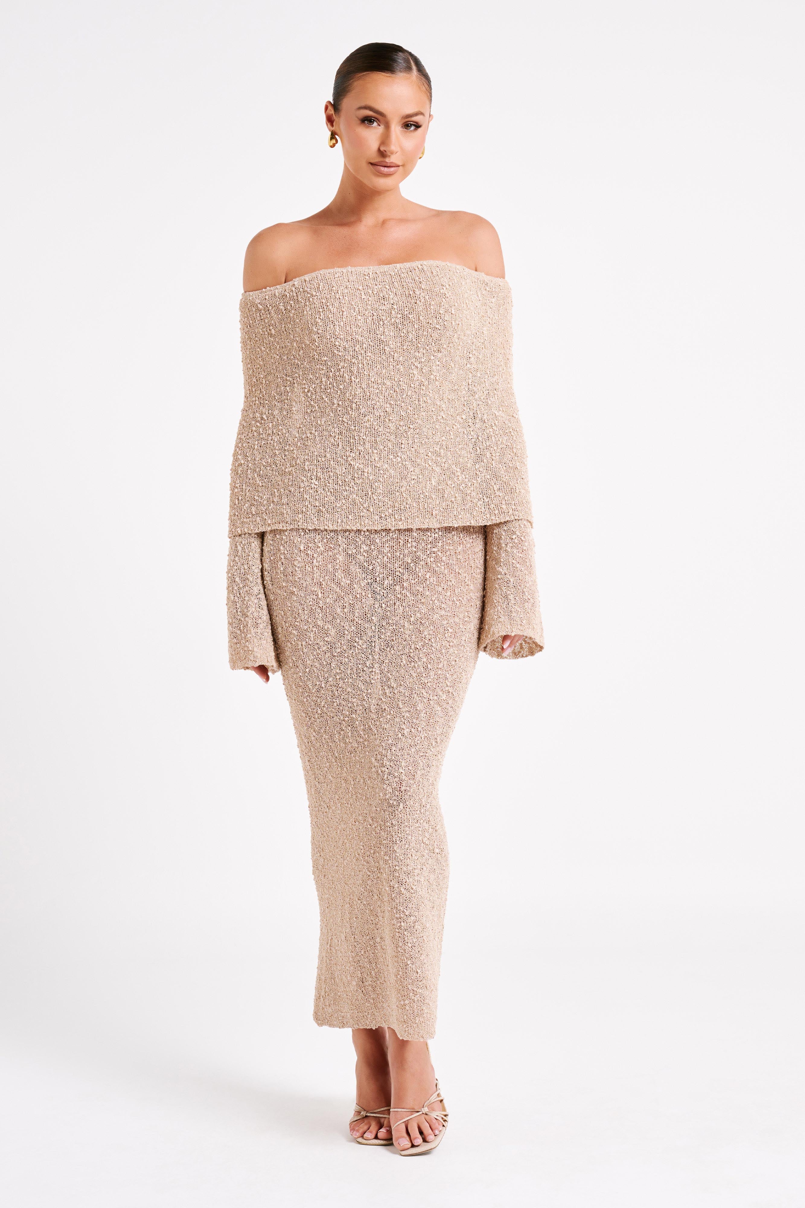 Marisol Off Shoulder Boucle Maxi Dress - Wheat、mySite、solidvoid