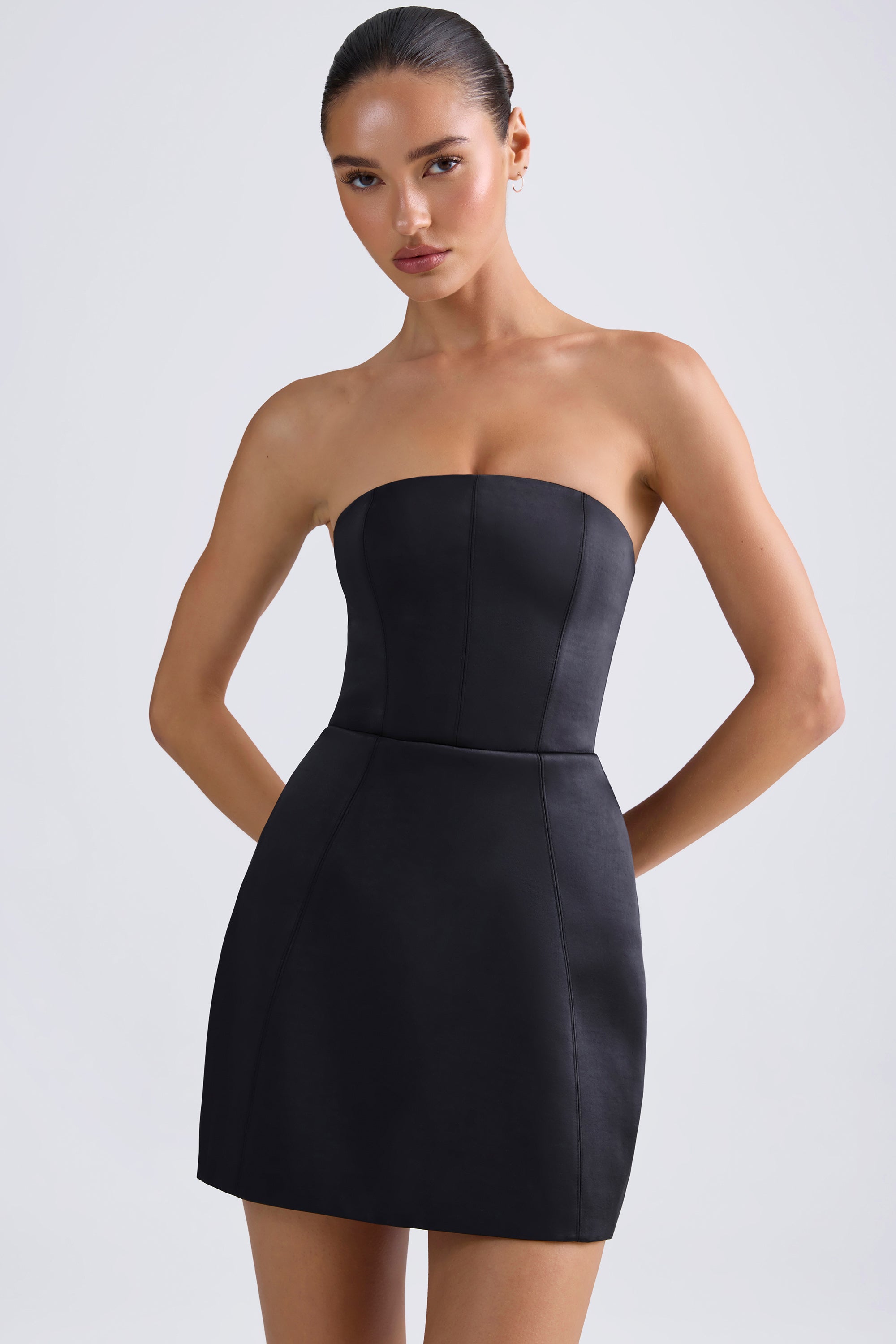 Bandeau Structured Tulip Mini Dress in Black、mySite、solidvoid