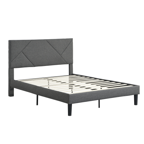 King Size Upholstered Platform Bed Frame with Button Tufted Linen Fabric Headboard, No Box Spring Needed, Wood Slat Support, Easy Assembly, Gray、、casual