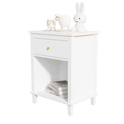 26.77''H Wooden Nightstand with One Drawer One Shelf for Kids, Adults, White+Golden handle、、casual