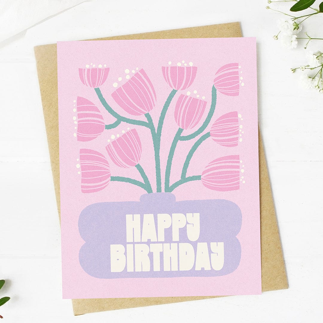  Happy Birthday Pink Flowers Purple Vase Abstract Card、mySite、elrpsem3k