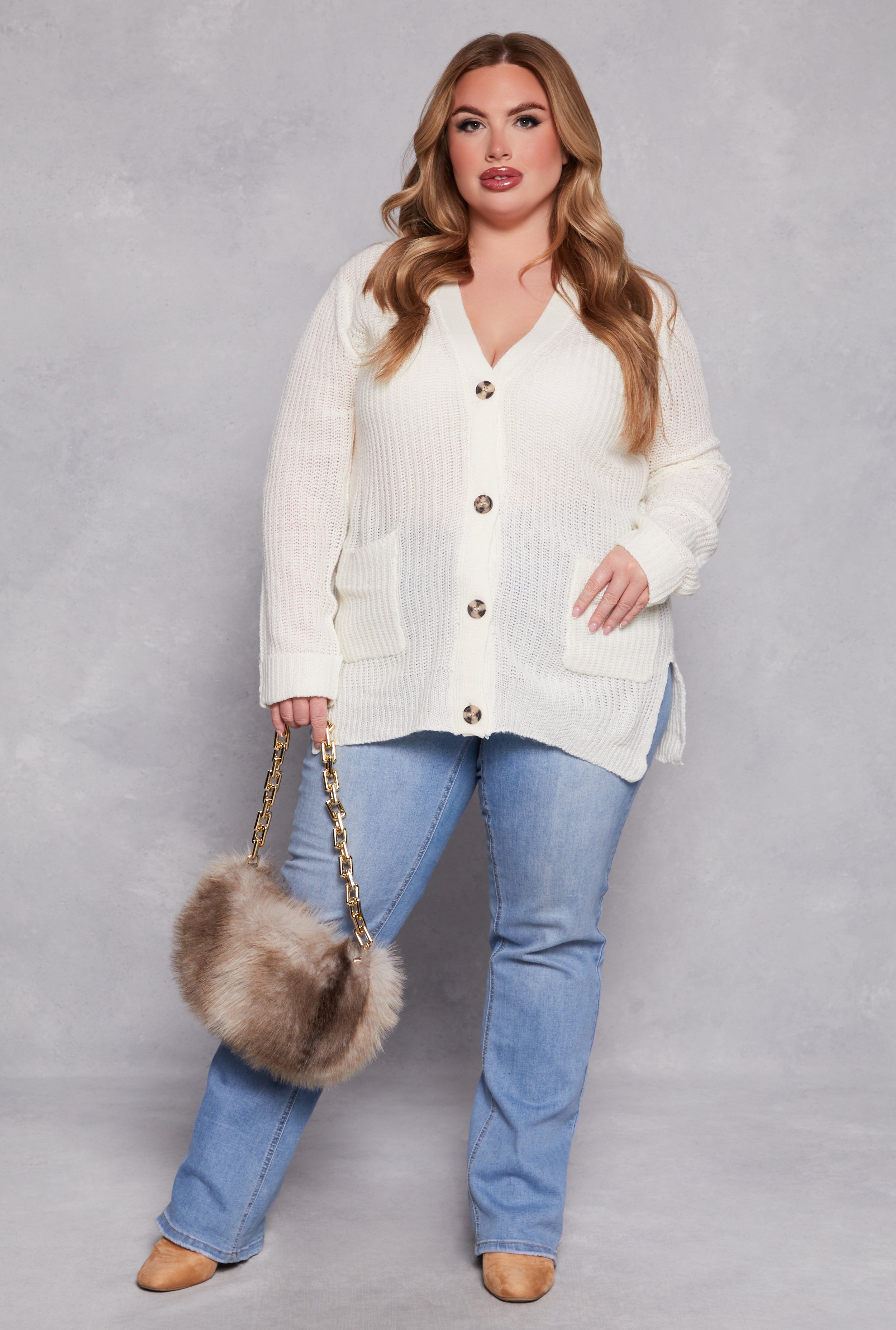 Plus Size Button Front Knit Cardigan、mySite、camillekostekn