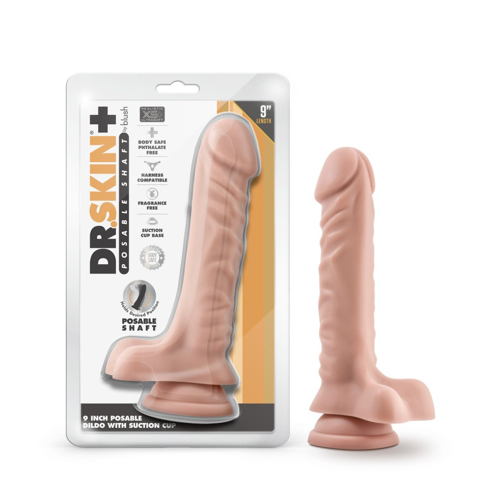 Dr. Skin Plus By Blush® | Realistic Vanilla 9-Inch Long Soft Yet Erect & Posable Dildo With Balls & Suction Cup Base、mySite、bottomscart