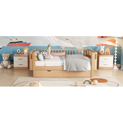 Twin Size Wood Platform Bed for Kids, Wood Low Profile Twin Bed with Rails for Girls and Boys, Natural (Patented Design) , Expect Arrival Date 2025/9/15、、eastwooduniform