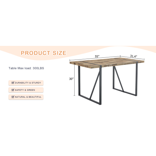 Rustic Industrial Rectangular Wood Dining Table For 4-6 Person, With 1.5" Thick Engineered Wood color Tabletop and Black Metal Legs,Desk For Kitchen Dining Living Room, 55.1" x 31.4"x 29.9"1529W115172、、casual