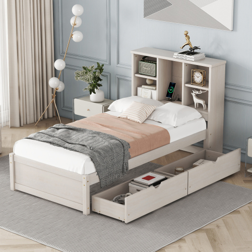 Modern Twin Size Bed Frame With Built-in USB Port on Bookcase Headboard and 2 Drawers for White Washed Color、、xpatfood