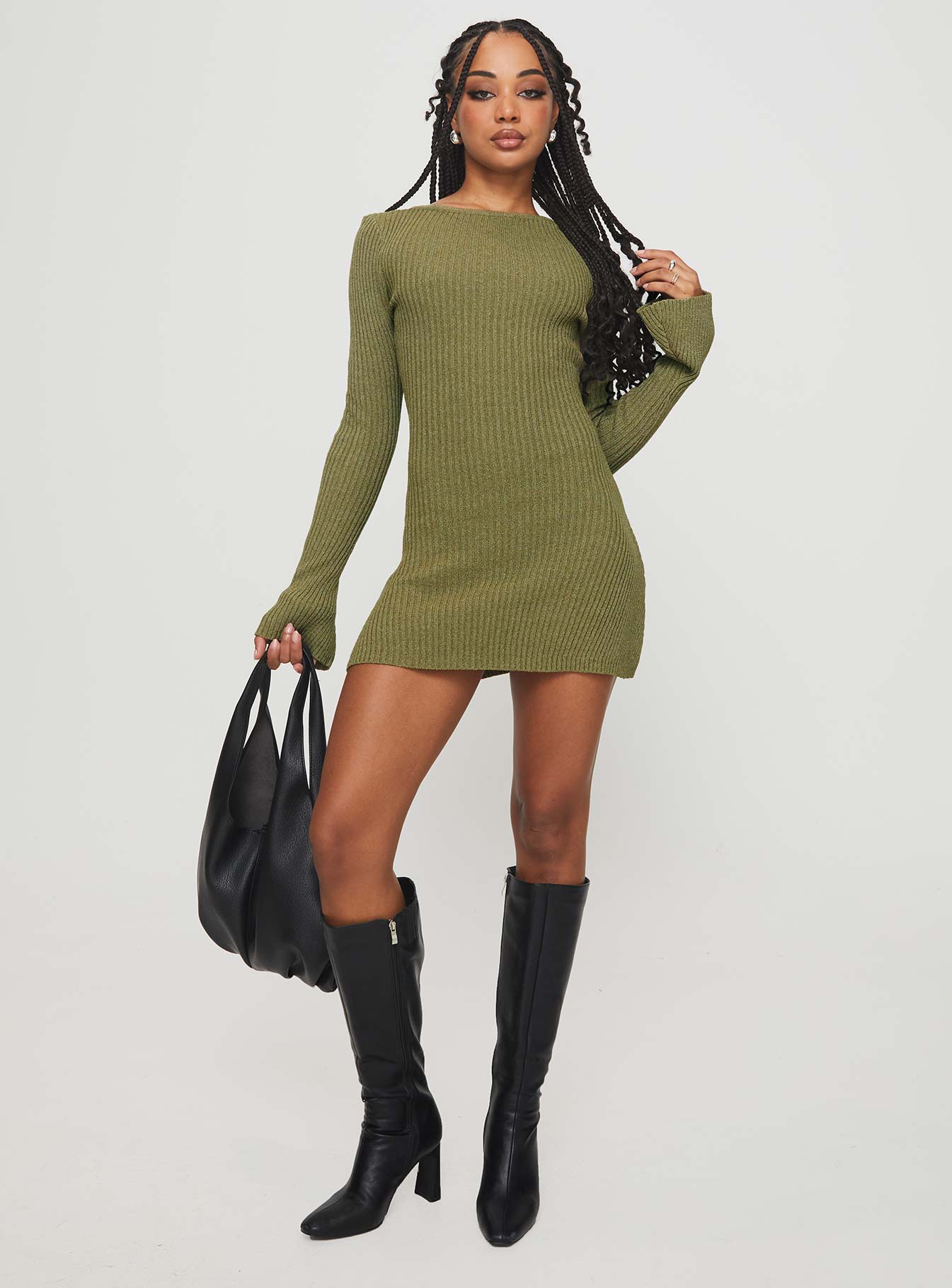 Osment Long Sleeve Knit Mini Dress Olive、mySite、solidvoid