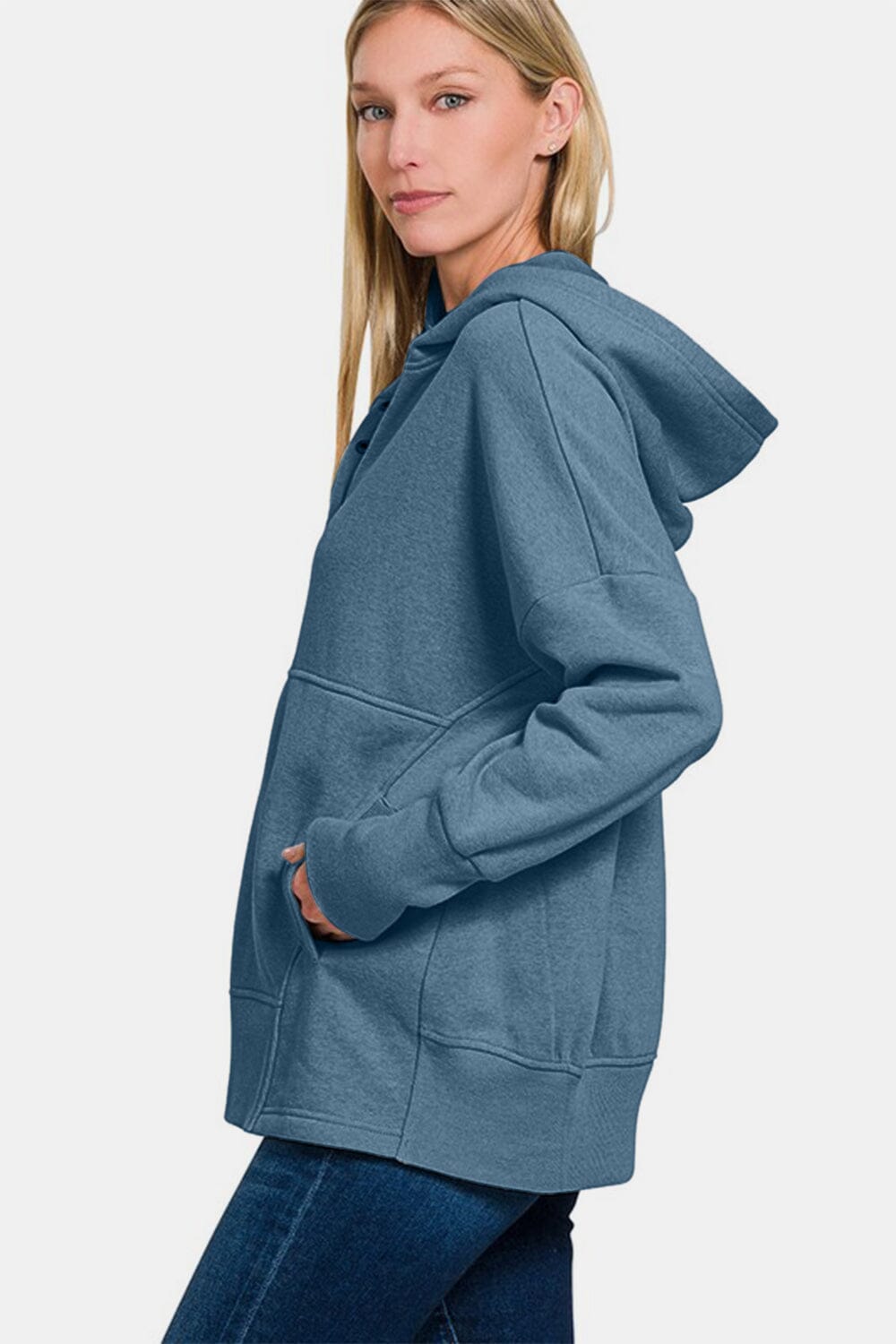 Zenana Half Snap Long Sleeve Hoodie with Kangaroo Pocket、mySite、camillekostekn