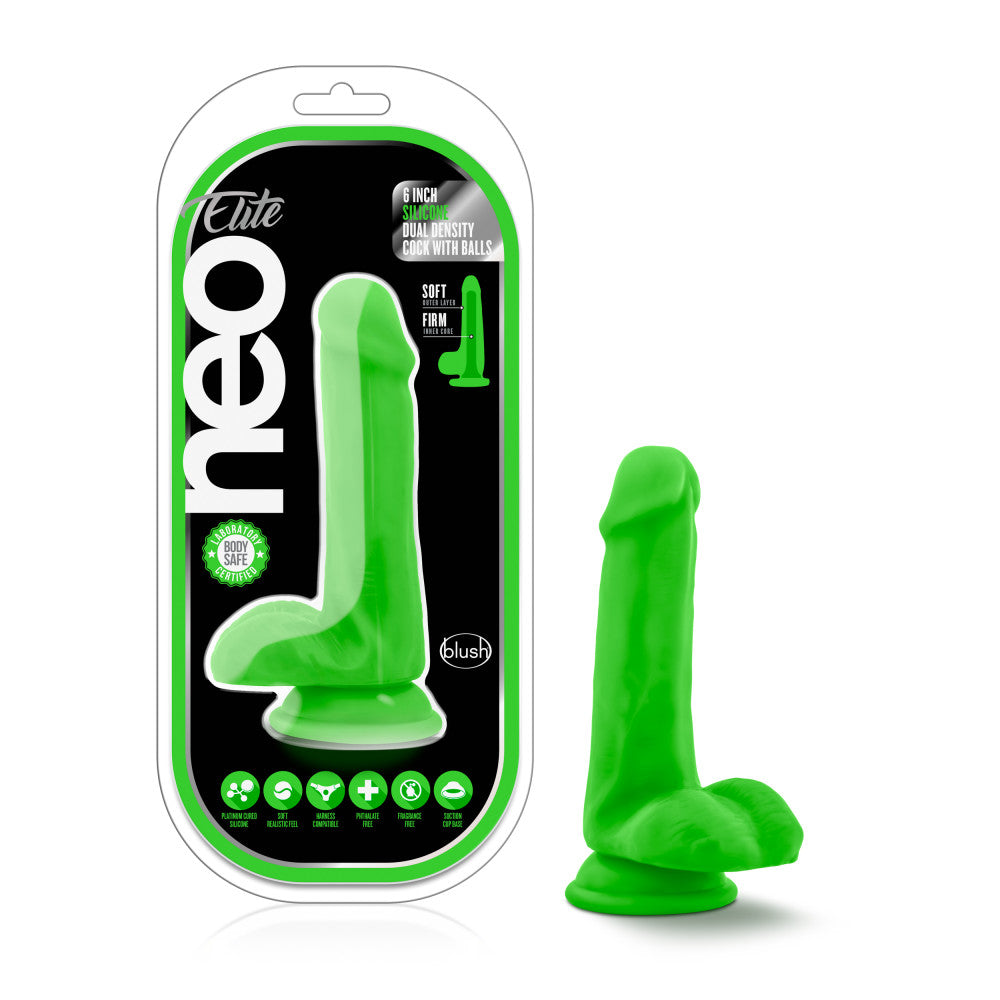 Neo Elite By Blush® | Neon Green: 6.5-Inch Long Dildo - Made with Purio™ Silicone & SensaFeel® Dual Density Realistic Technology、mySite、bottomscart