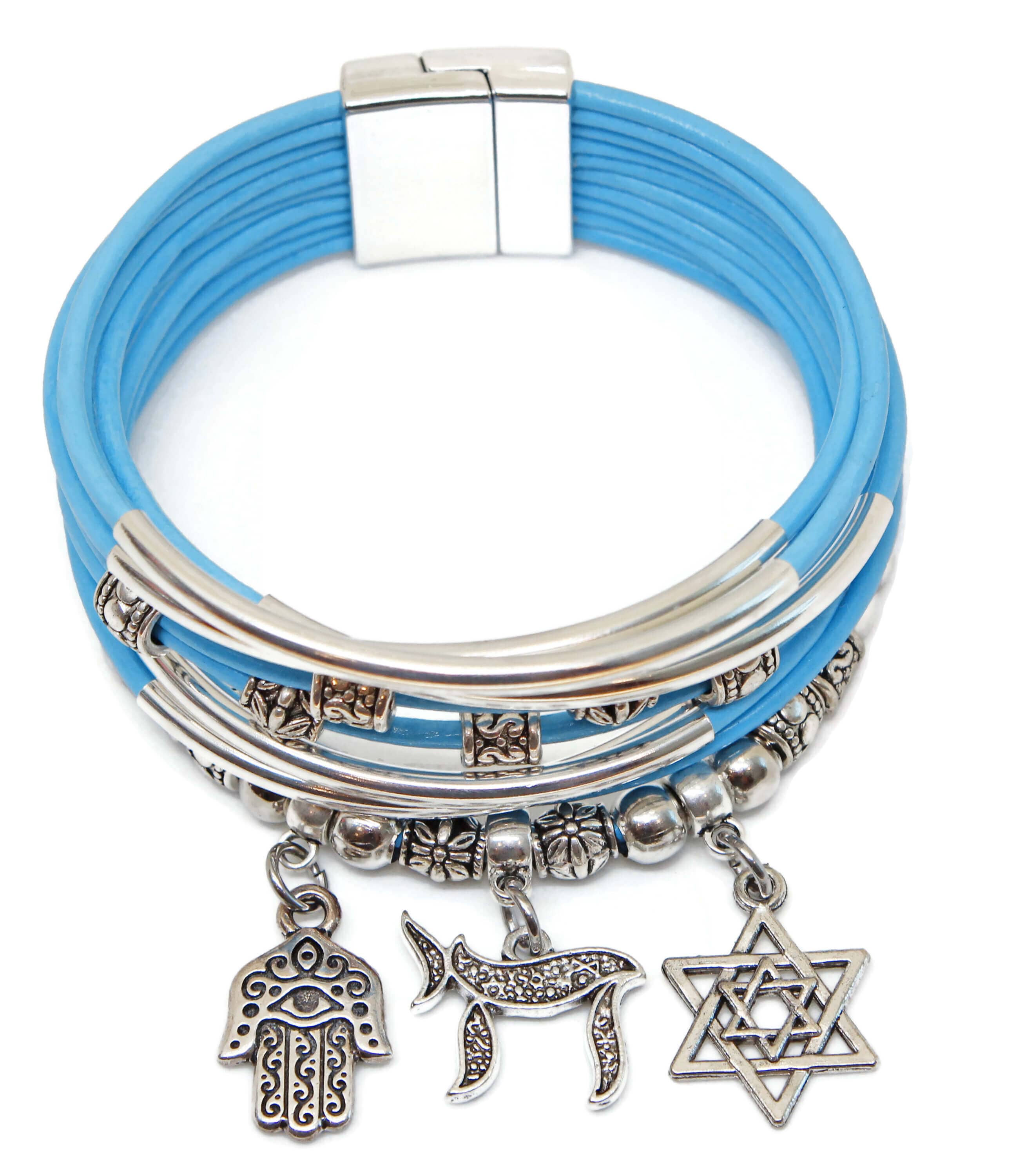 Star of David, Chai and Hamsa Charm Bracelet - Sky Blue、mySite、topwebapps