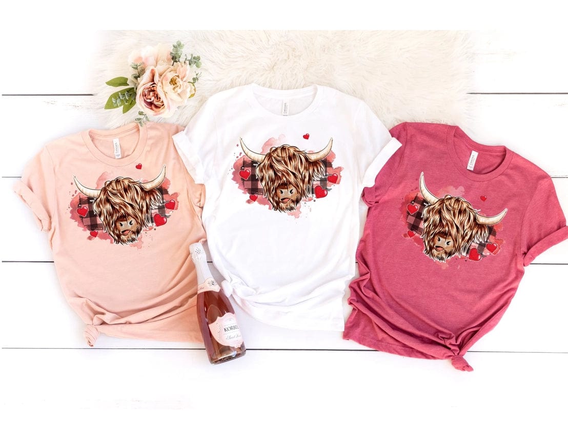Highland Cow with Hearts and Checks Tshirt Cow Lovers、mySite、g9winljtr
