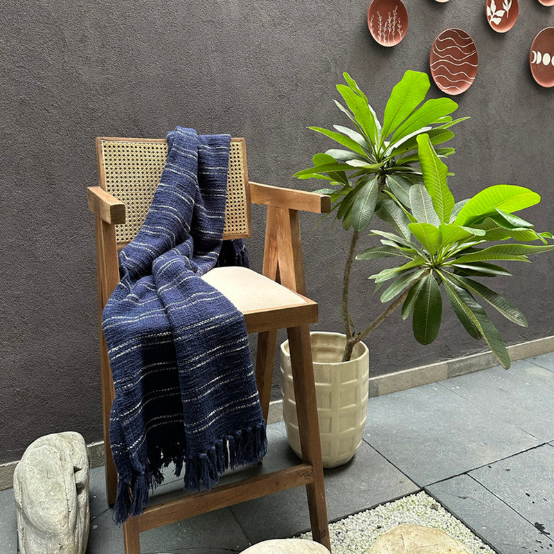 Cotton Throw Blanket | Woven Design | Navy Blue | 190 x 127 cm、mySite、camillekostekn