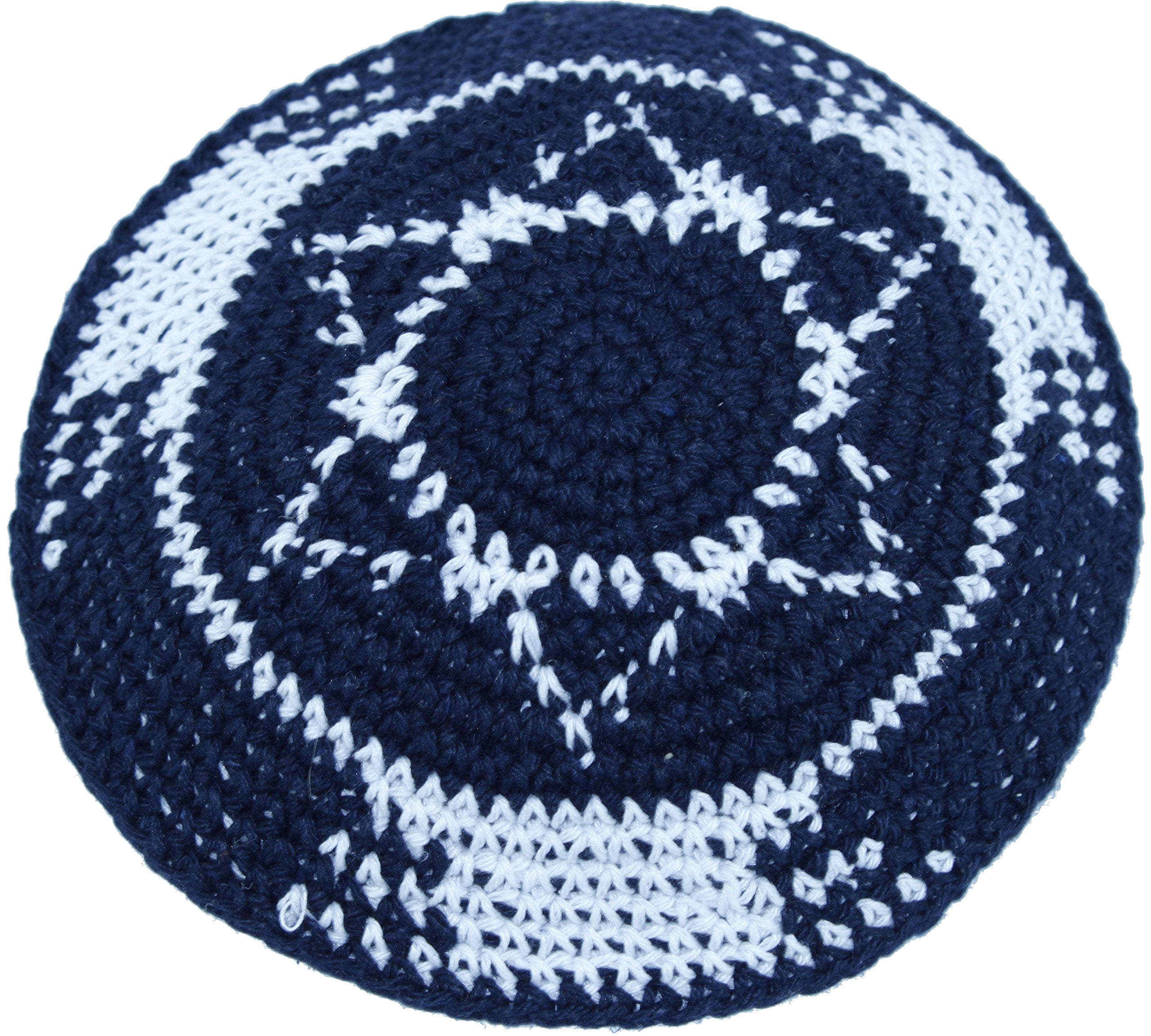 Holy Land Market Dark Blue/White with Star of David17cm DMC 100% Knitted Cotton Kippah Jewish、mySite、topwebapps
