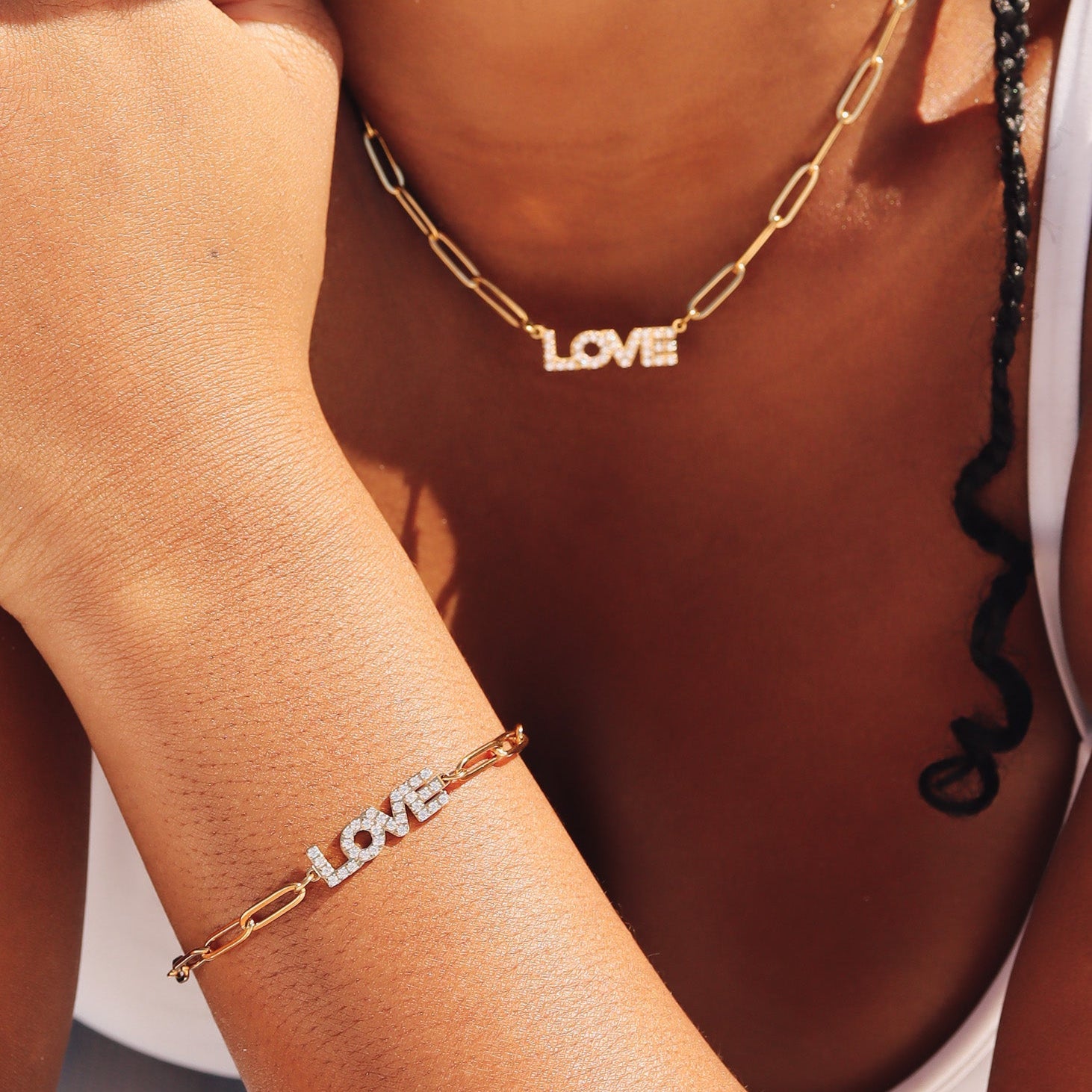 18K Gold PVD Stainless Steel Stone Love Paperclip Chain Set / BND0065、mySite、dreamappss