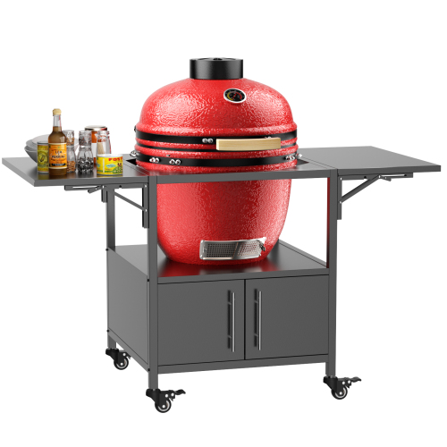 Outdoor Grill Table for Big Green Egg Style BBQ, Metal Grill Cart with 2 Folding Panels, Compatible with up to Large Green Egg, Kamado Joe Jr、、eastwooduniform