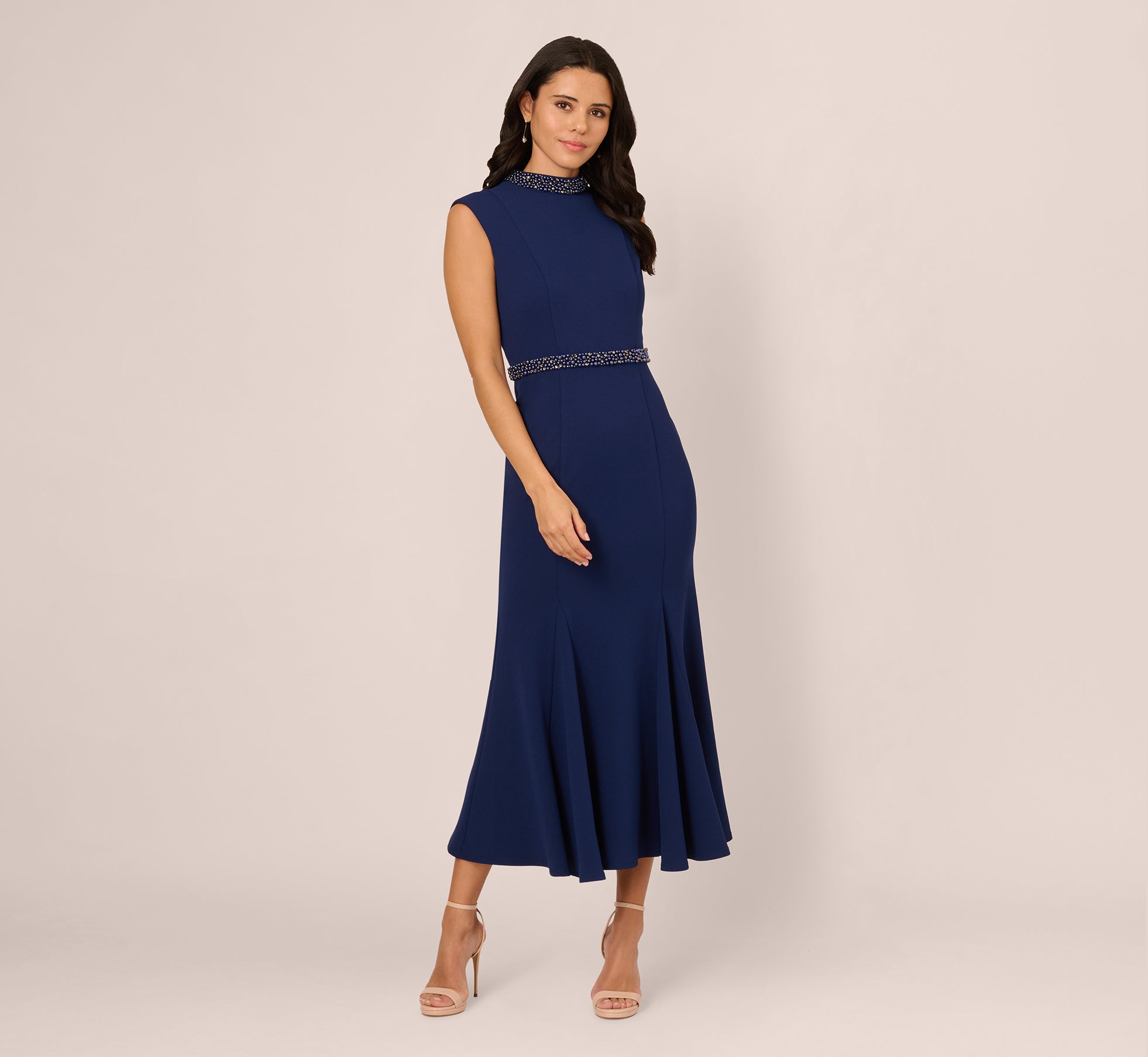 Sleeveless Mock Neck Pearly Midi Dress In Navy Sateen、mySite、solidvoid