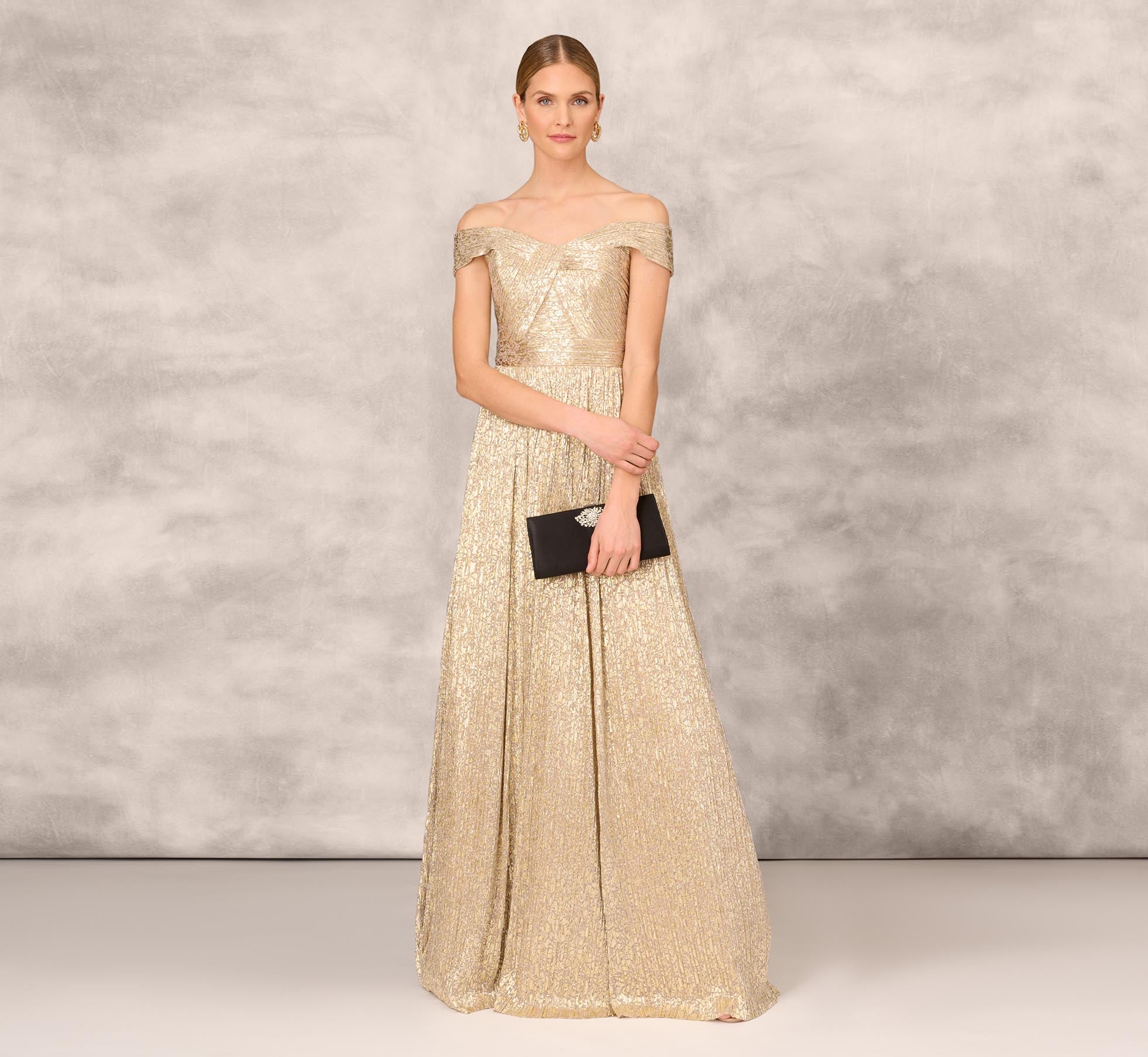 Off The Shoulder Metallic Foiled Metallic Pleated Mesh Long A-Line Ball Gown In Gold、mySite、solidvoid