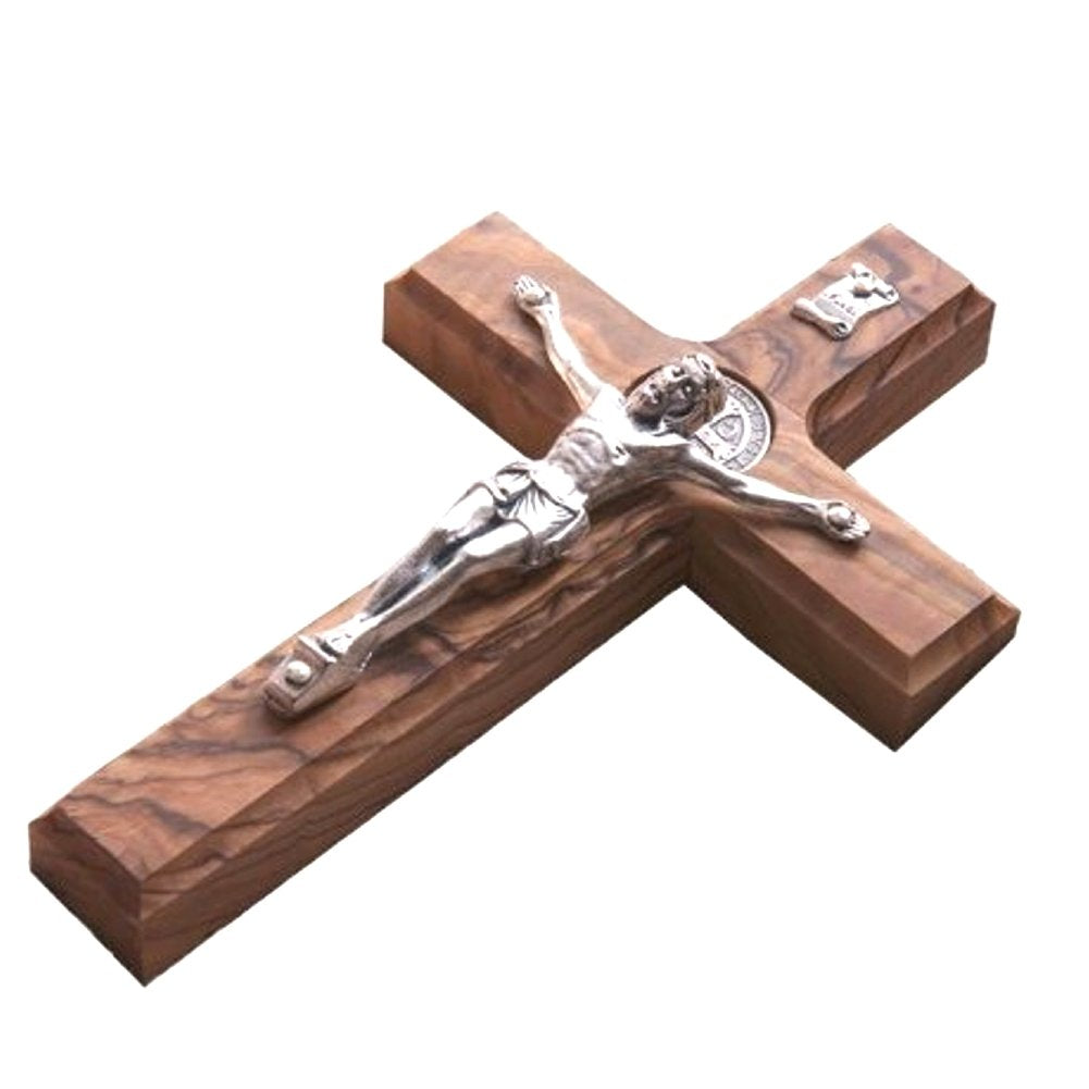  10 Wall Wood Cross St. Saint Benedict & Medal Holy Land Handmade Silver Plated Crucifix、mySite、elrpsem3k