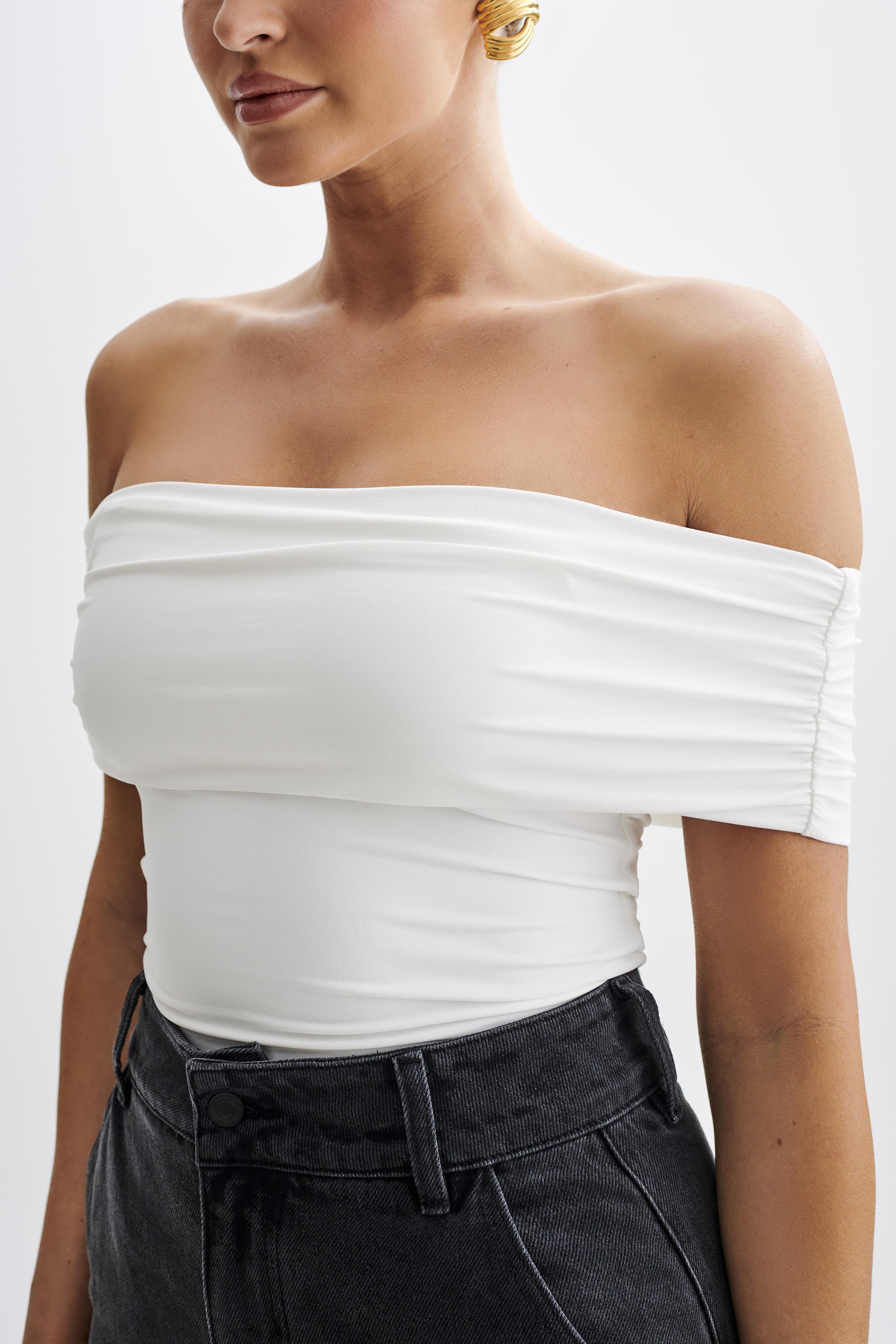 Meena Recycled Nylon Off Shoulder Top - White、mySite、solidvoid