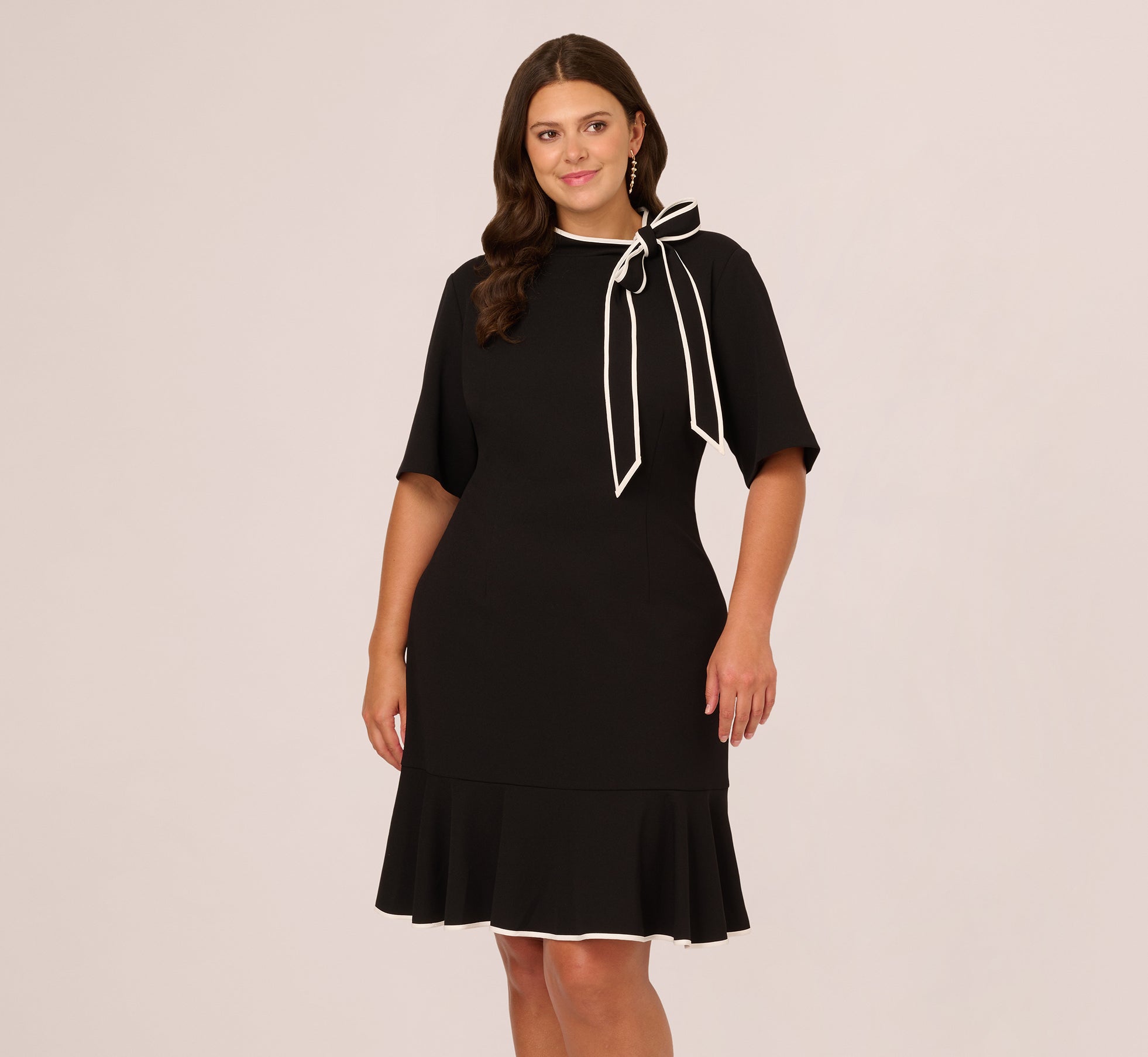 Plus Size Mock Neck Dress With Contrasting Bowtie In Black Ivory、mySite、solidvoid