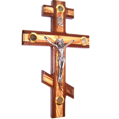  Patriarchal Three bar Crucifix with Holy Land Samples. Made frm Mahagony and Embedded with Olive Wood (25cm or 10 inch)、mySite、elrpsem3k