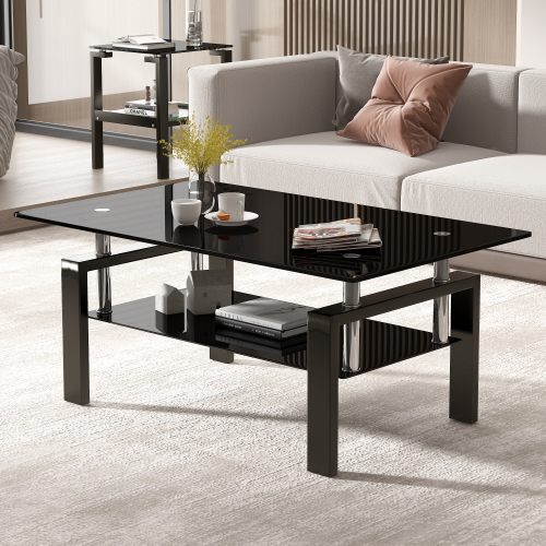 Tempered Black Glass Coffee Table, 2-Layers Tea Table、、casual