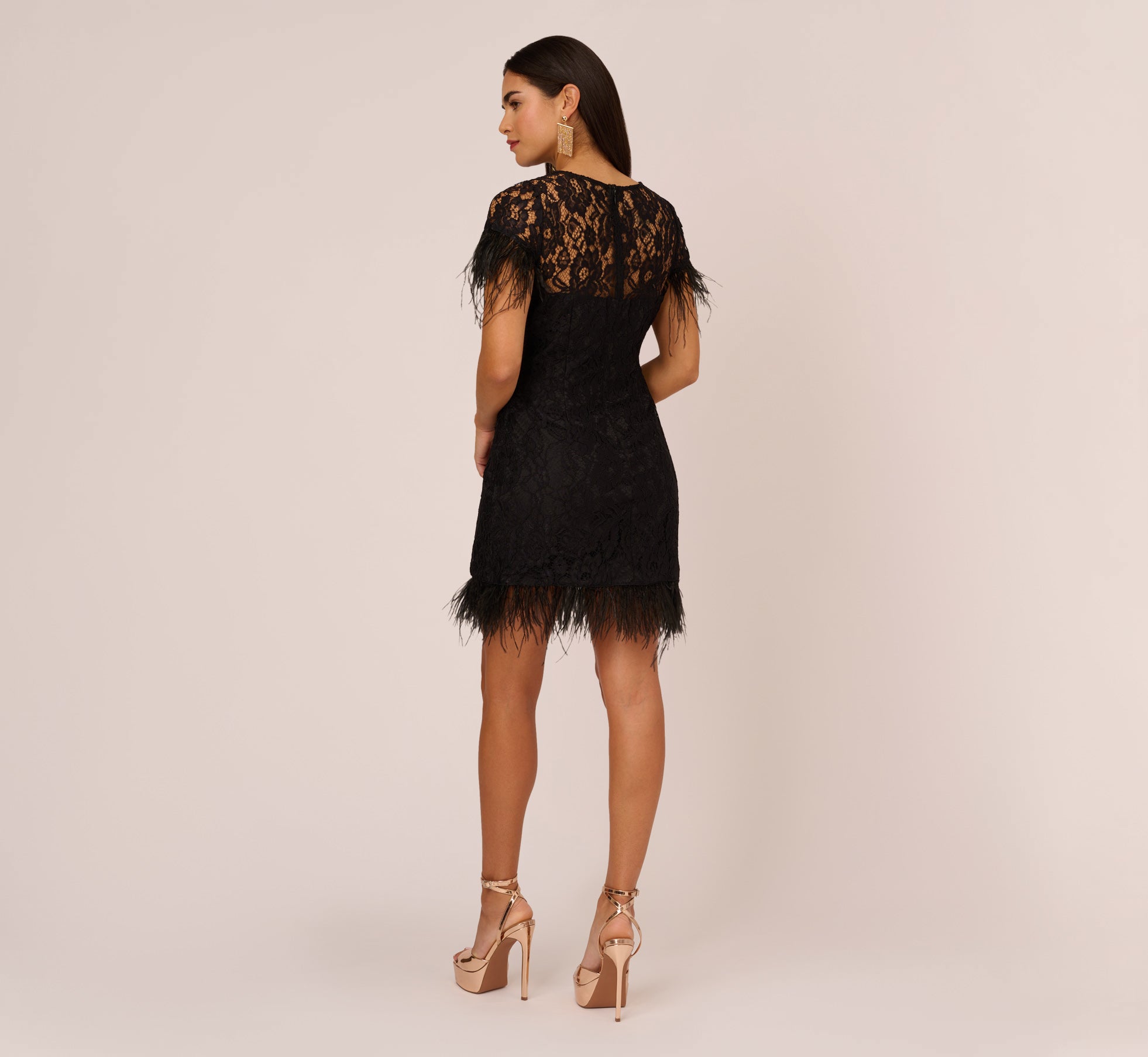 Floral Lace And Feather Trimmed Short Sheath Cocktail Dress In Black、mySite、solidvoid