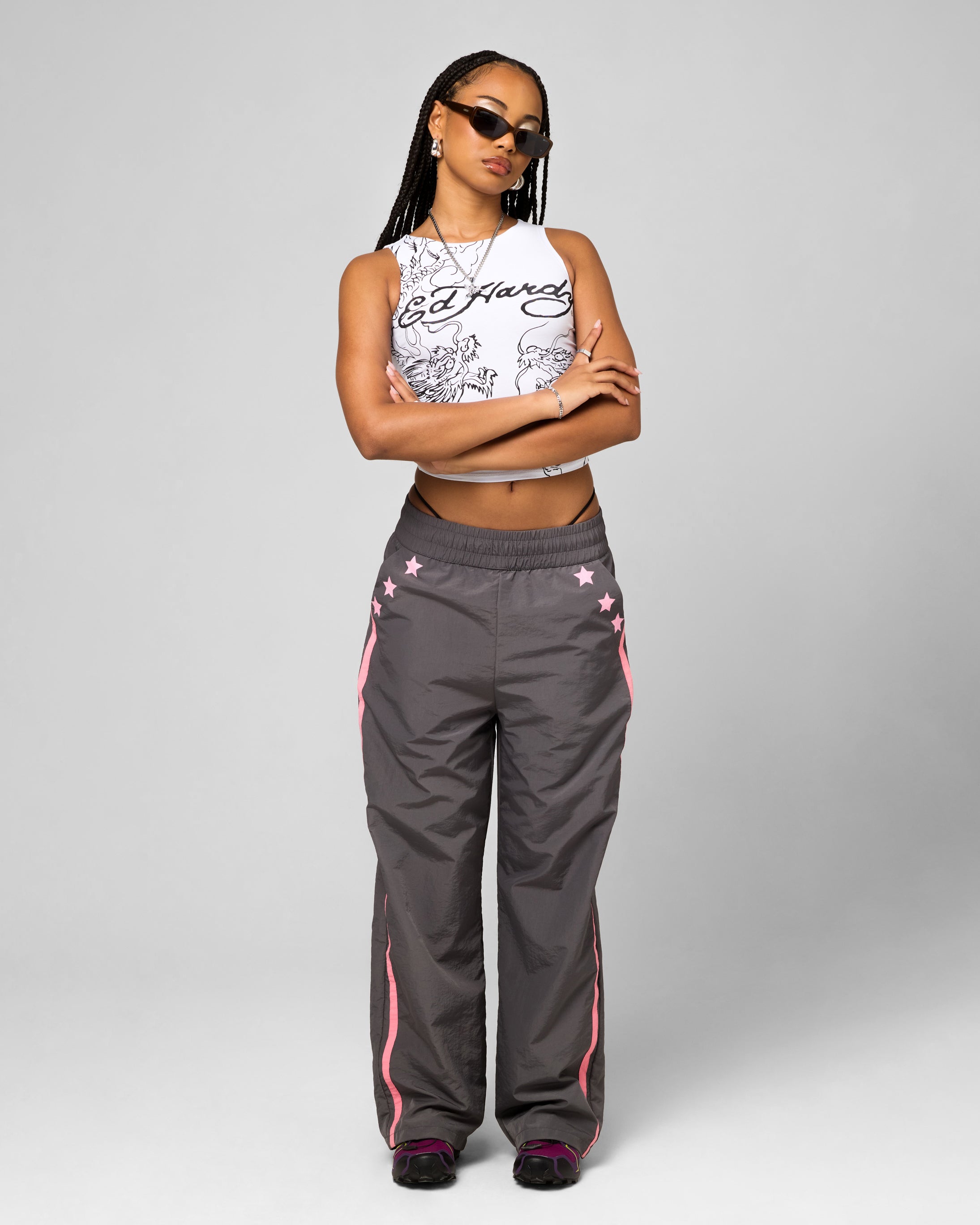 Ed Hardy Women's Nylon Sports Pant Grey/Pink、mySite、zt4zffjzw