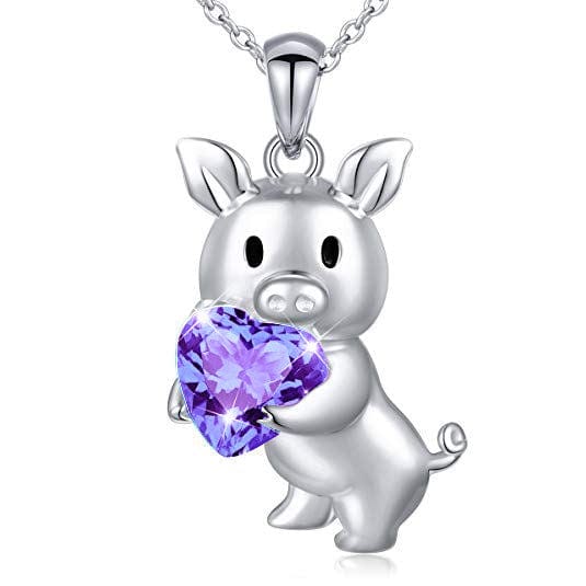 SALE! Pig with Red CZ Heart Necklace, Sterling Silver、mySite、g9winljtr